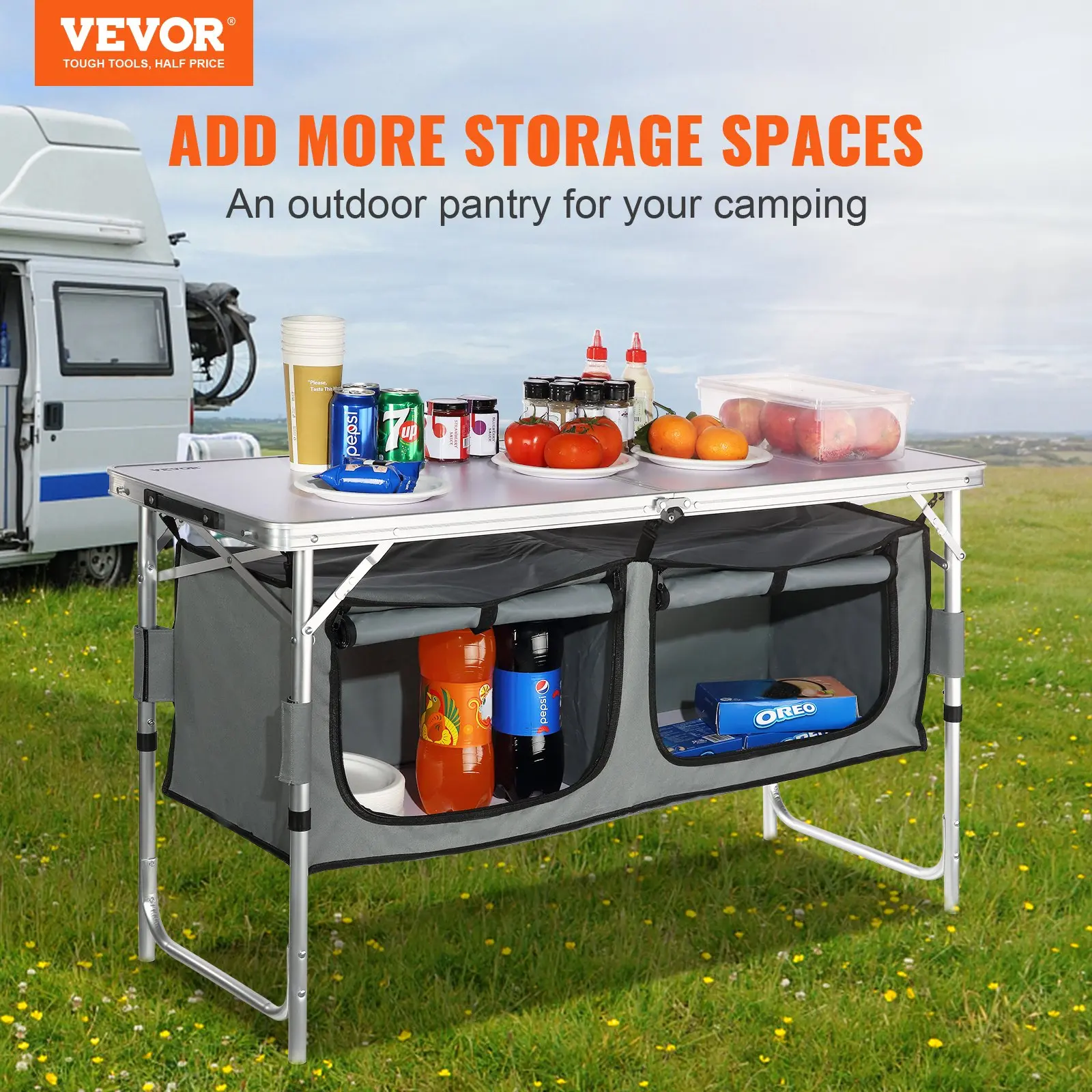 Folding Camping Kitchen Table – Quick Setup, 3 Adjustable Heights, Portable MDF Table for BBQ, Camping & RV Travel