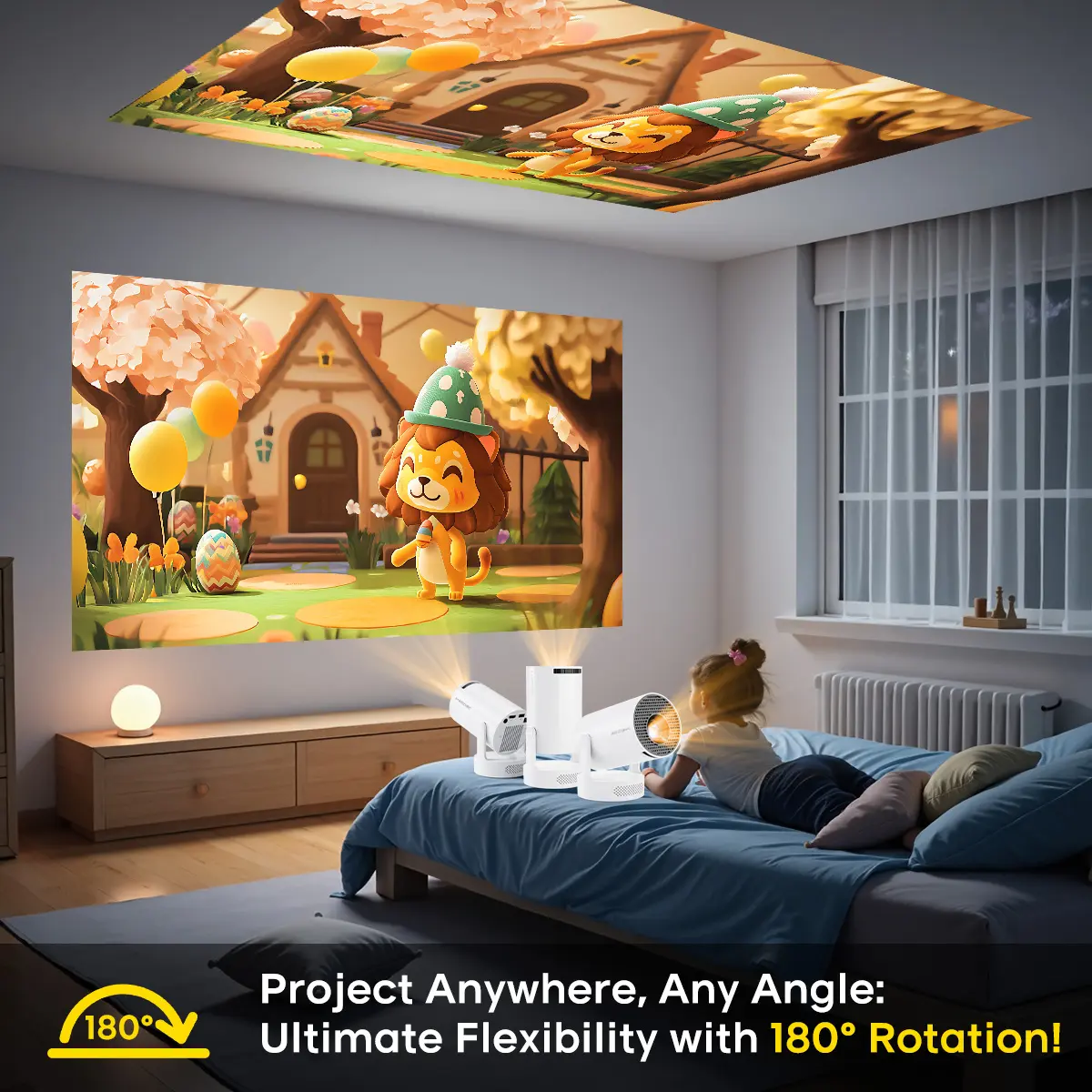 Smart Projector HY300Pro+ with 4K Decode 290ANSI Auto Keystone Correction Built-in 5W speaker Dual WiFi6 Wireless BT5.4 Android 14 Native 1280*720P