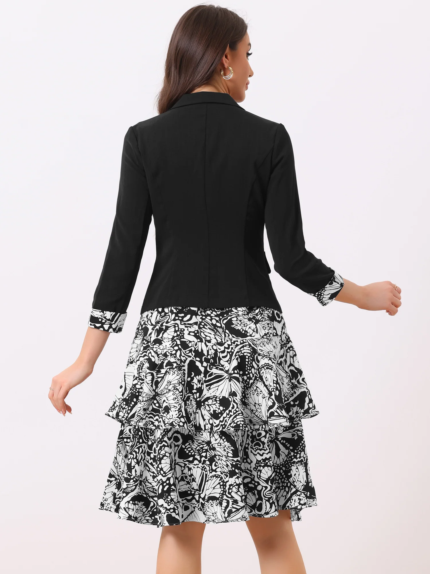 Work flower Print Contrast Panel 2pc Sets Chiffon V Neck Jacket Dress