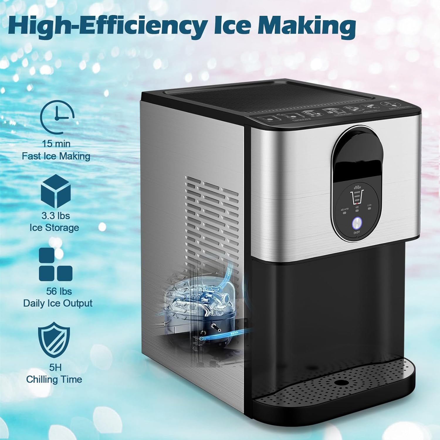 Ice Maker Countertop, 56 lbs/24 H Chewable Ice Making Machine w/Self-Cleaning System, Self-Dispensing Pellet Ice Machine w/ 0.63 gal Water Tank for Home & Kitchen