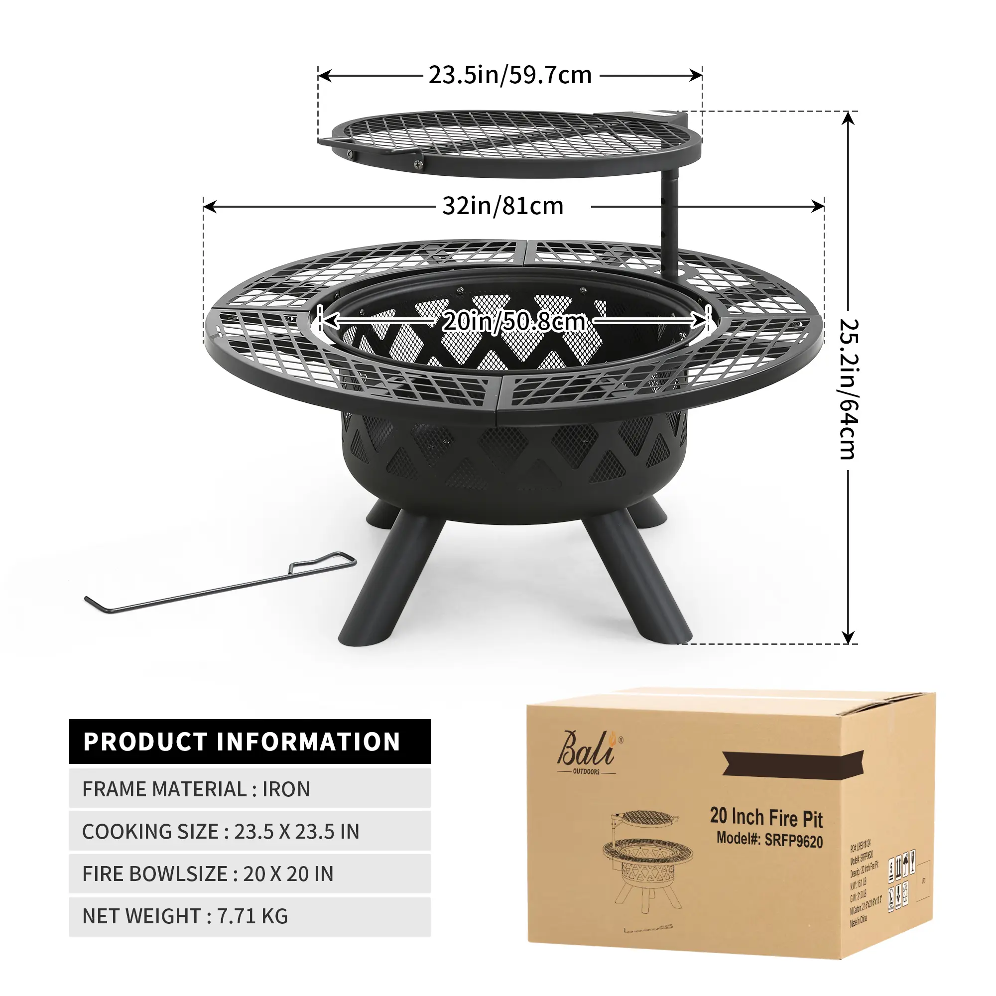 Memorial Day Sales 2-in-1 Wood Burning Fire Pit with Removable Cooking Grill Black Ultra-Durable Iron Grate 360-Degree Rotation Adjustable Height for Heating and BBQ Christmas gift