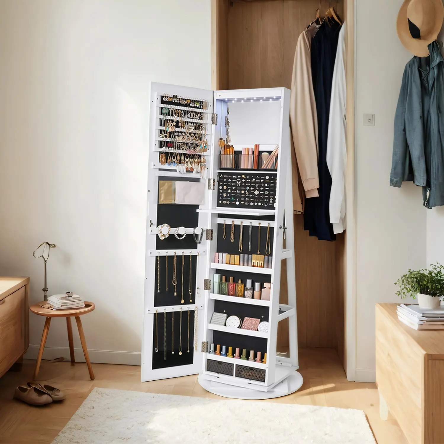 LED Lockable Jewelry Cabinet – Standing Armoire with Frameless Full-Length Mirror & 3 Storage Shelves