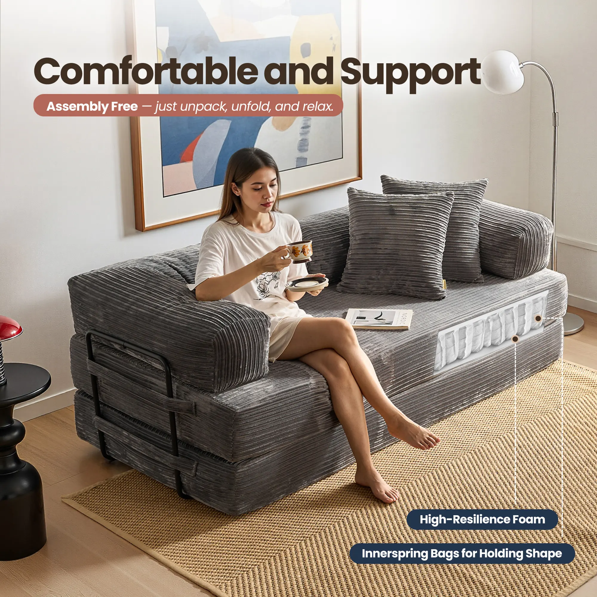 80"Oversized Boneless Couch, 5-in-1 Convertible Sleeper Sofa Bed, Deep Seat Corduroy Modular Floor Sofa, Foldable Pull-Out Couch for Living Room, Apartment,No Assembly