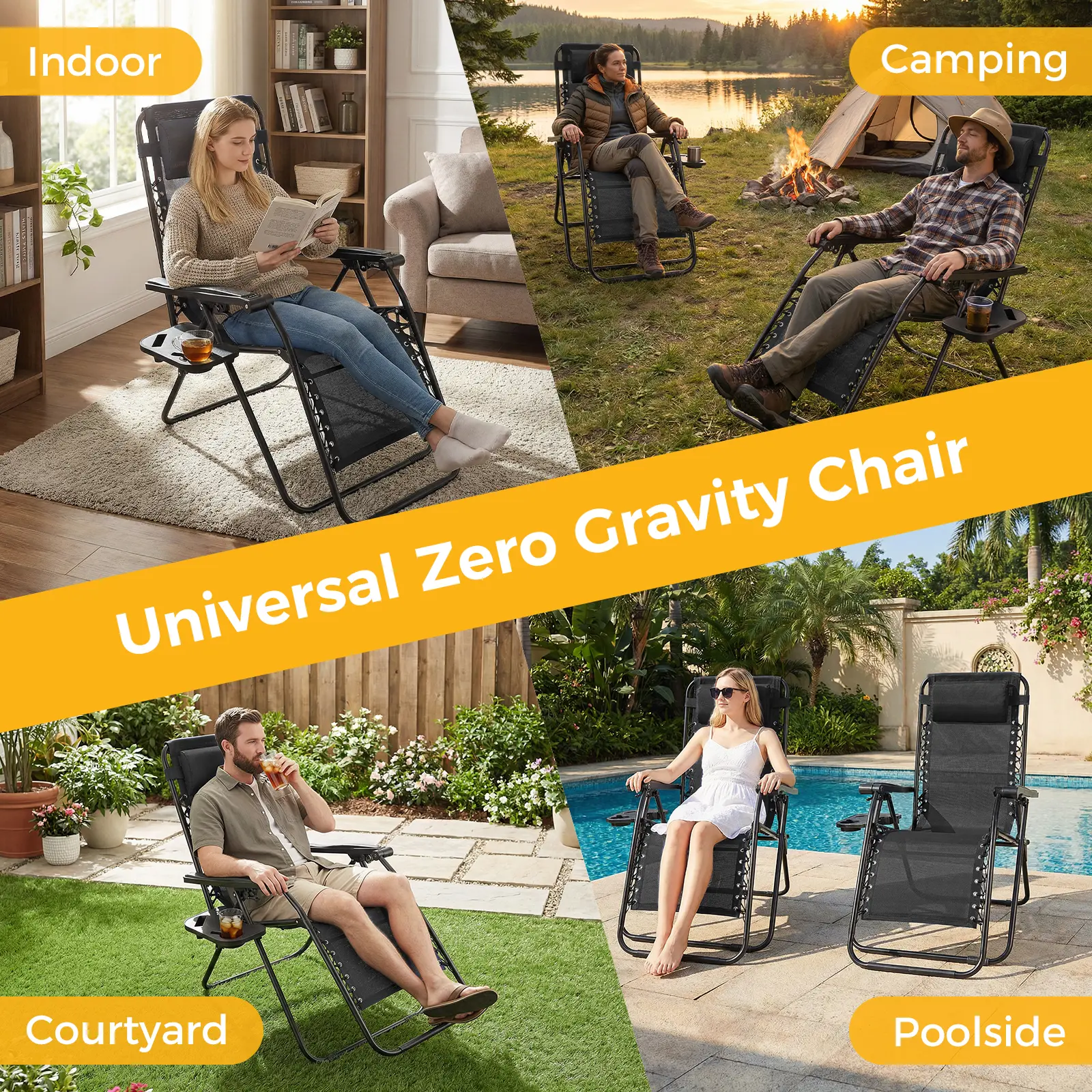 Zero Gravity Set of 2 Folding Lounge Chairs with Cup Holder Trays, Adjustable Pillow, Camping and Poolside Accessory, Outdoor Design, Beach Chair Foldable, Outdoor Lawn Chair