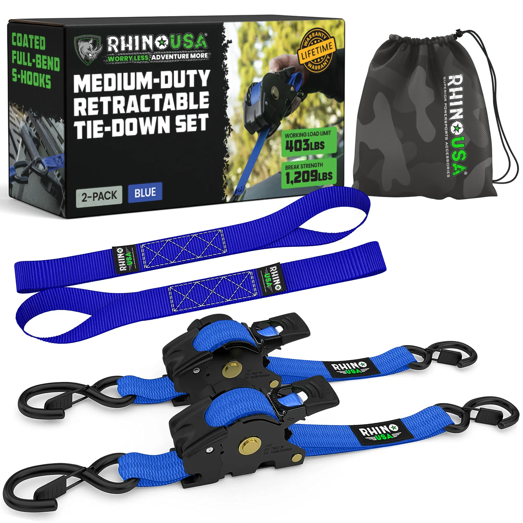 Rhino USA 1" x 10' Retractable Ratchet Straps (select 2 pack or 4 pack) - Medium Duty Self Retracting Tie Down Straps for Truck, Cargo Trailer