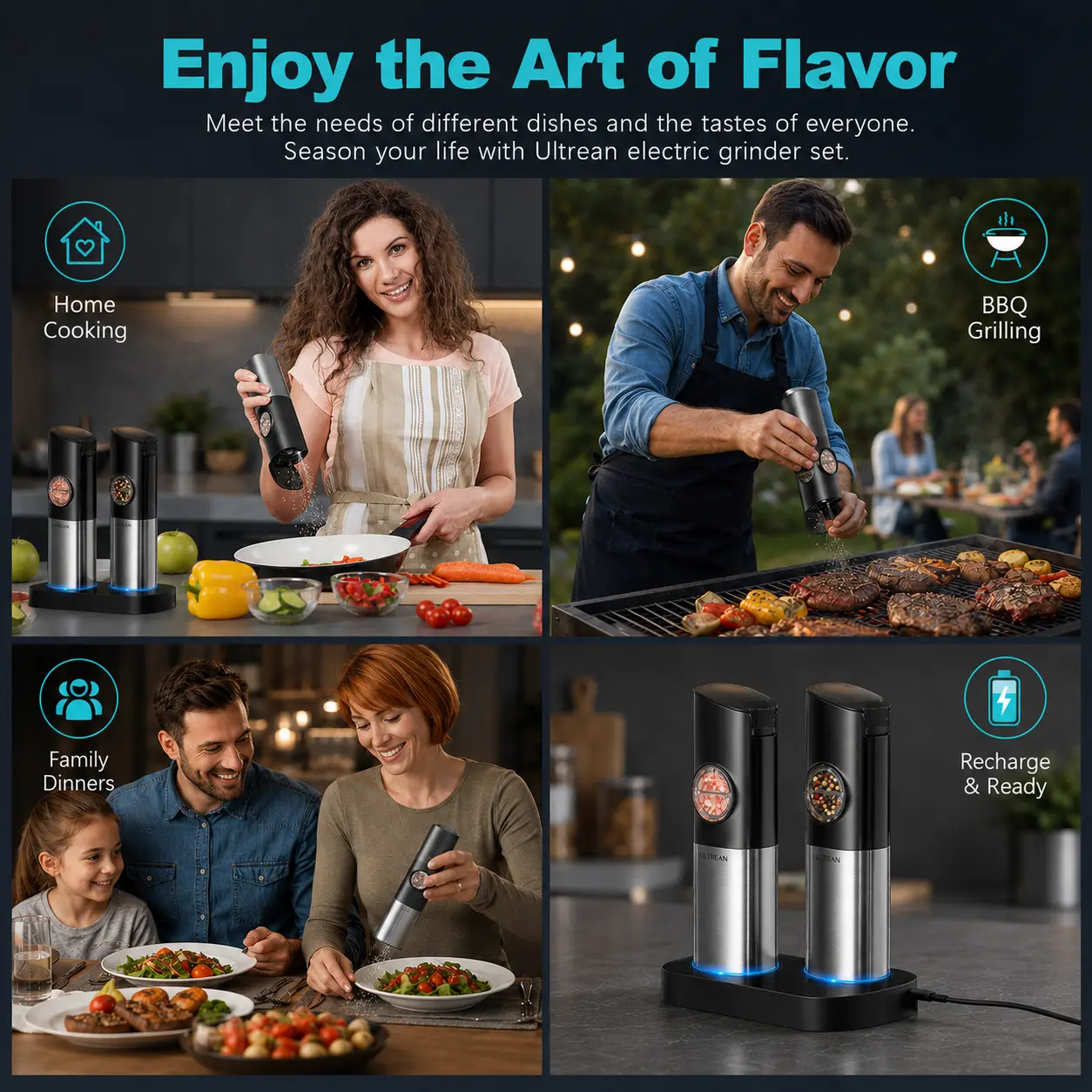 2PCS Rechargeable Salt & Pepper Grinder Set – Adjustable Stainless Steel Grinders with LED One-Hand Operation