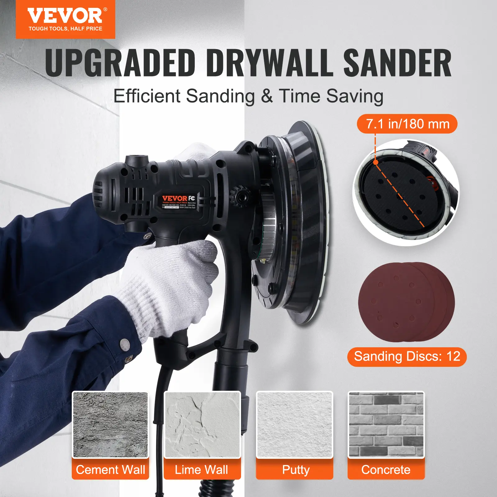 Drywall Sander, 800W Electric Sander with 12 Sanding Discs, Variable Speed 1200-2300 RPM Wall Sander with Automatic Vacuum Dust Collection System, Double LED Lights, Dust Bag, Detachable Edge