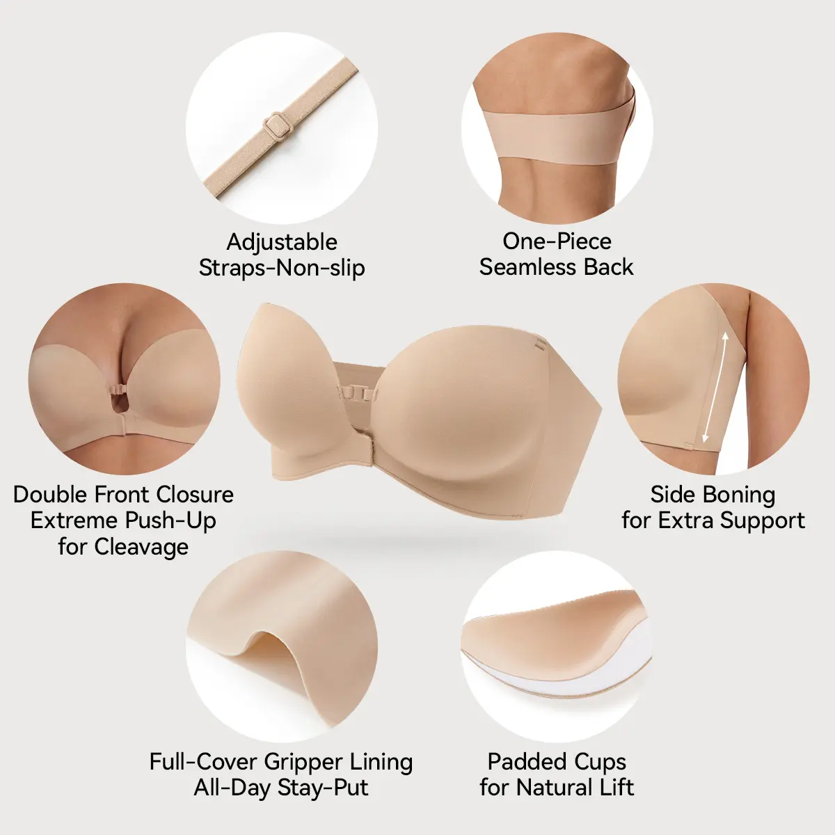 Womens Strapless Front Closure Bra Push Up Lift Bra Padded Add Cup Non Slip Anti-Slip Grip Wireless Supportive  Seamless Comfortable Tube Jelly Bra A B C Cup