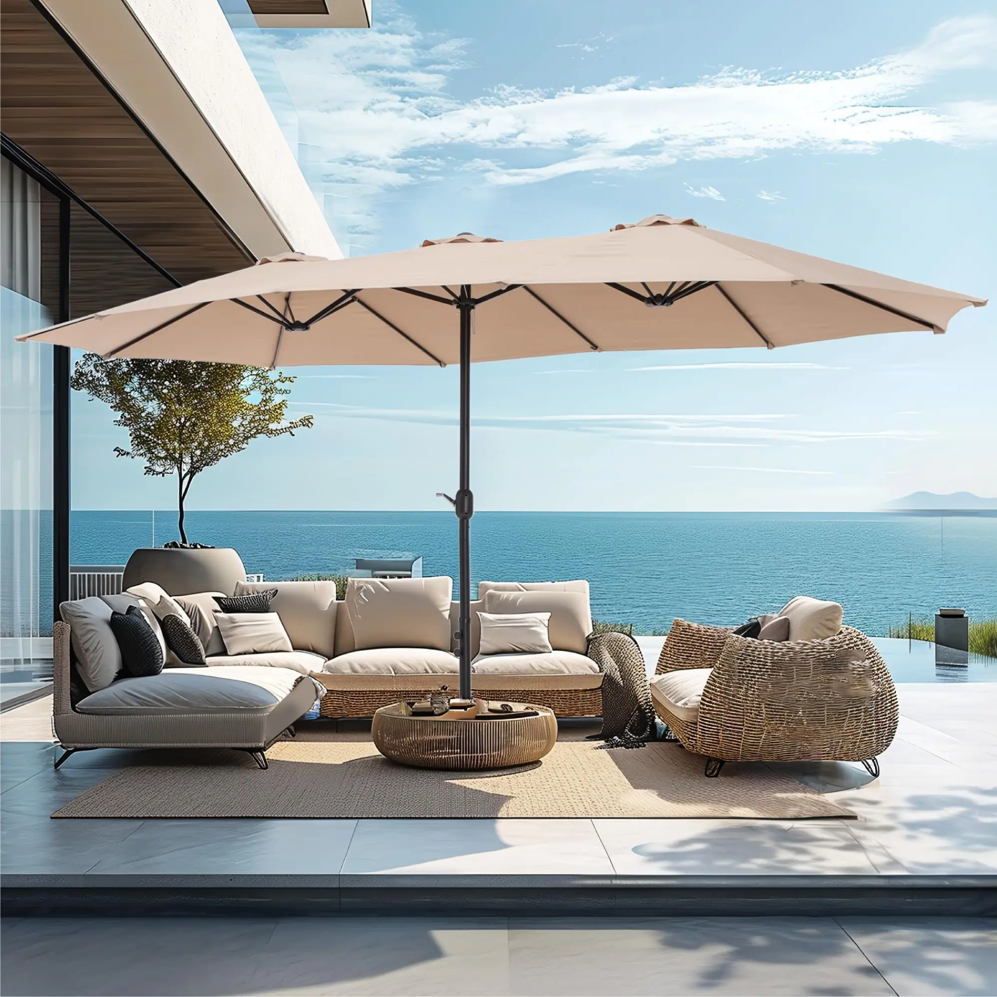 15FT Double-Sided Patio Umbrella with LED Lights | Waterproof Outdoor Shade