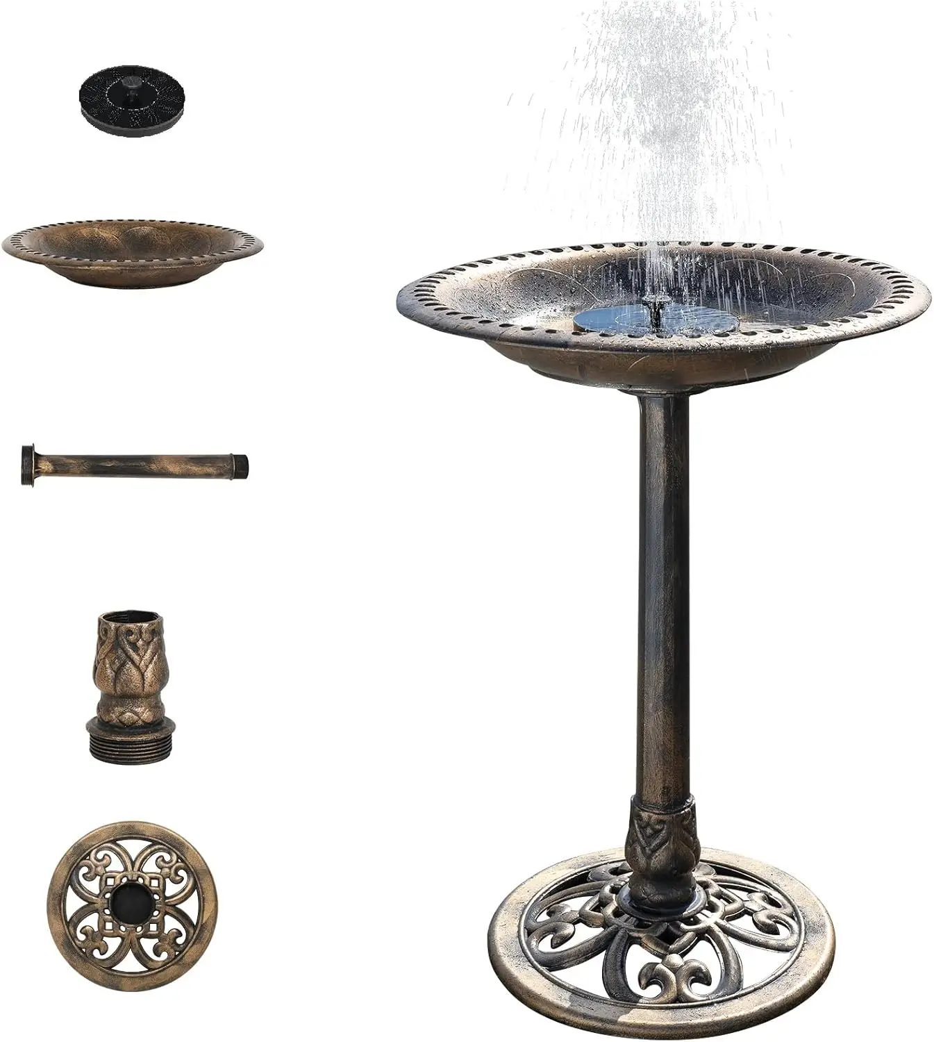 28'' Bird Bath with Solar Fountain – Antique Copper Resin Pedestal Birdbath for Outdoor Garden & Patio Decor