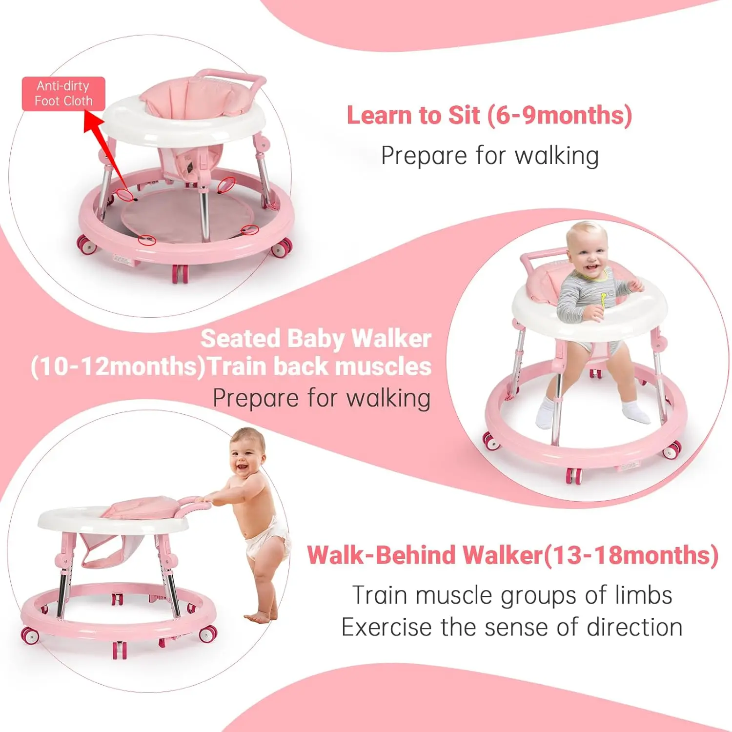 Baby Walker Foldable with 9 Adjustable Heights, Baby Walkers and Activity Center for Boys Girls Babies 7-18 Months, Baby Walker with Wheels Portable