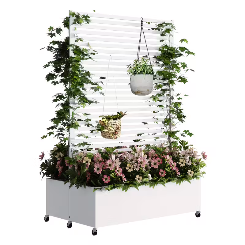 [Planter Box With Trellis] Metal Planter Box With Trellis Privacy Screen, 73"x 47"x 30" Double Planter Box, Raised Garden Bed With Trellis & Wheels, Planter Box Outdoor With Drainage Holes For Climbing Plants, Vegetable, Vines