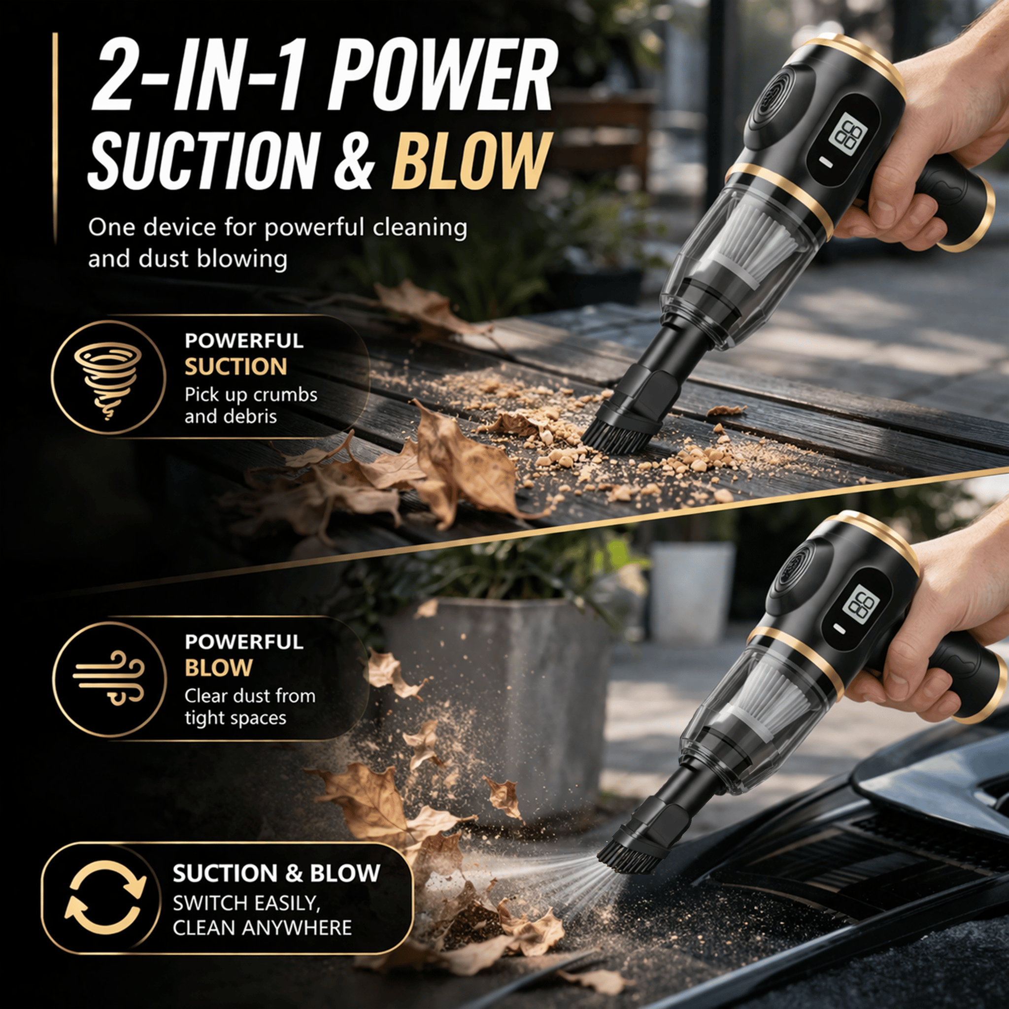 2-in-1 Handheld Vacuum & Air Duster – 4500Pa Suction, 644g, Washable Filter