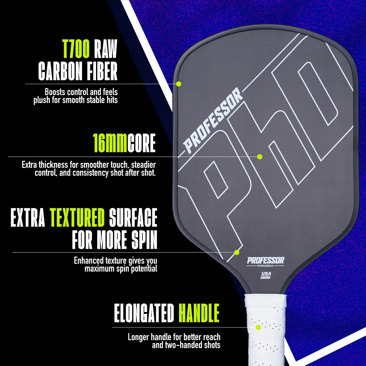 Raw Carbon Fiber Pickleball Paddle - 16MM - USA Pickleball Approved - Honeycomb Core - Power & Control