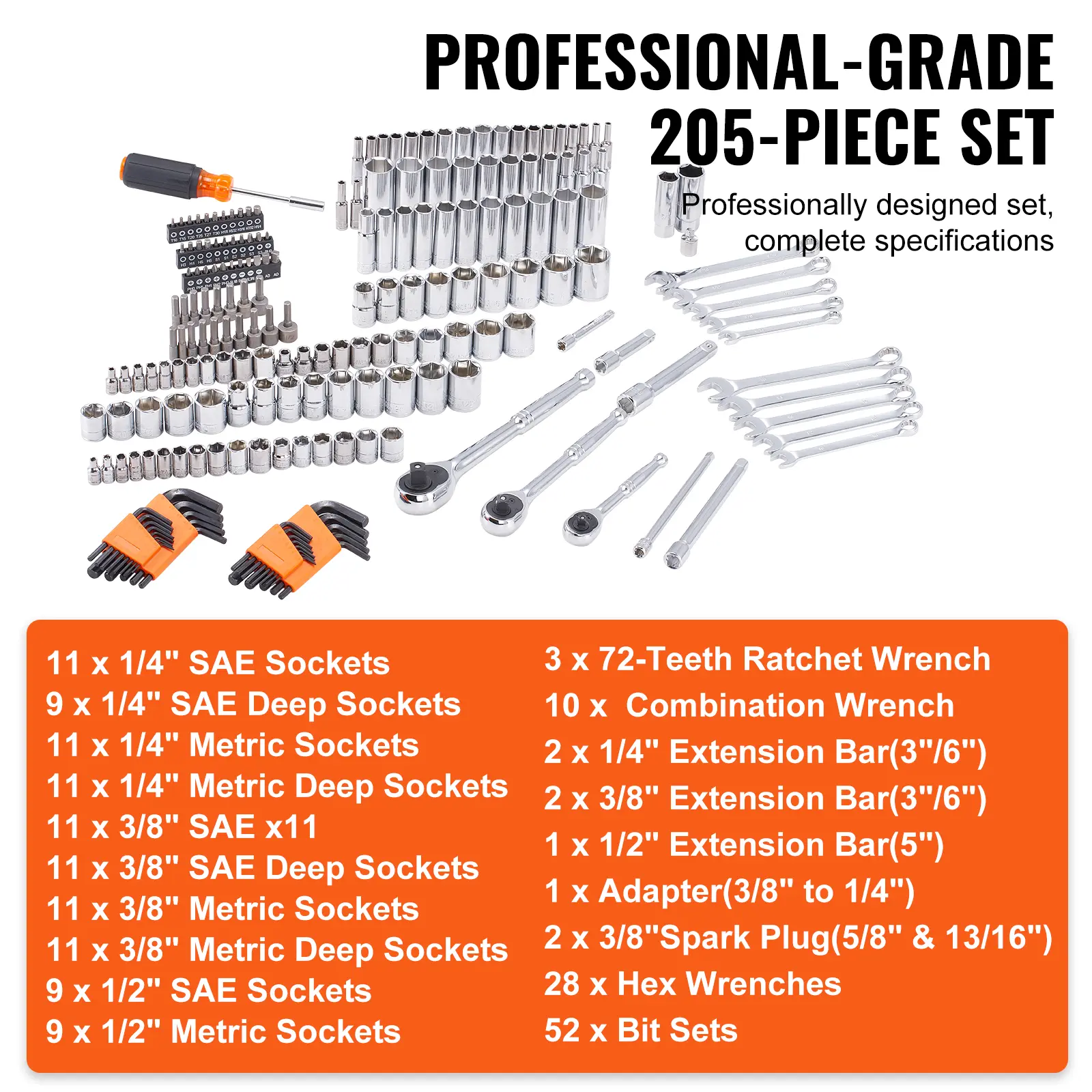 205-Pc Heavy-Duty Mechanic Tool Kit, 1/4"-3/8"-1/2" Drive Deep & Standard SAE/Metric Sockets, Bits, Combination Wrenches, Hex Wrenches, Accessories with Storage Case