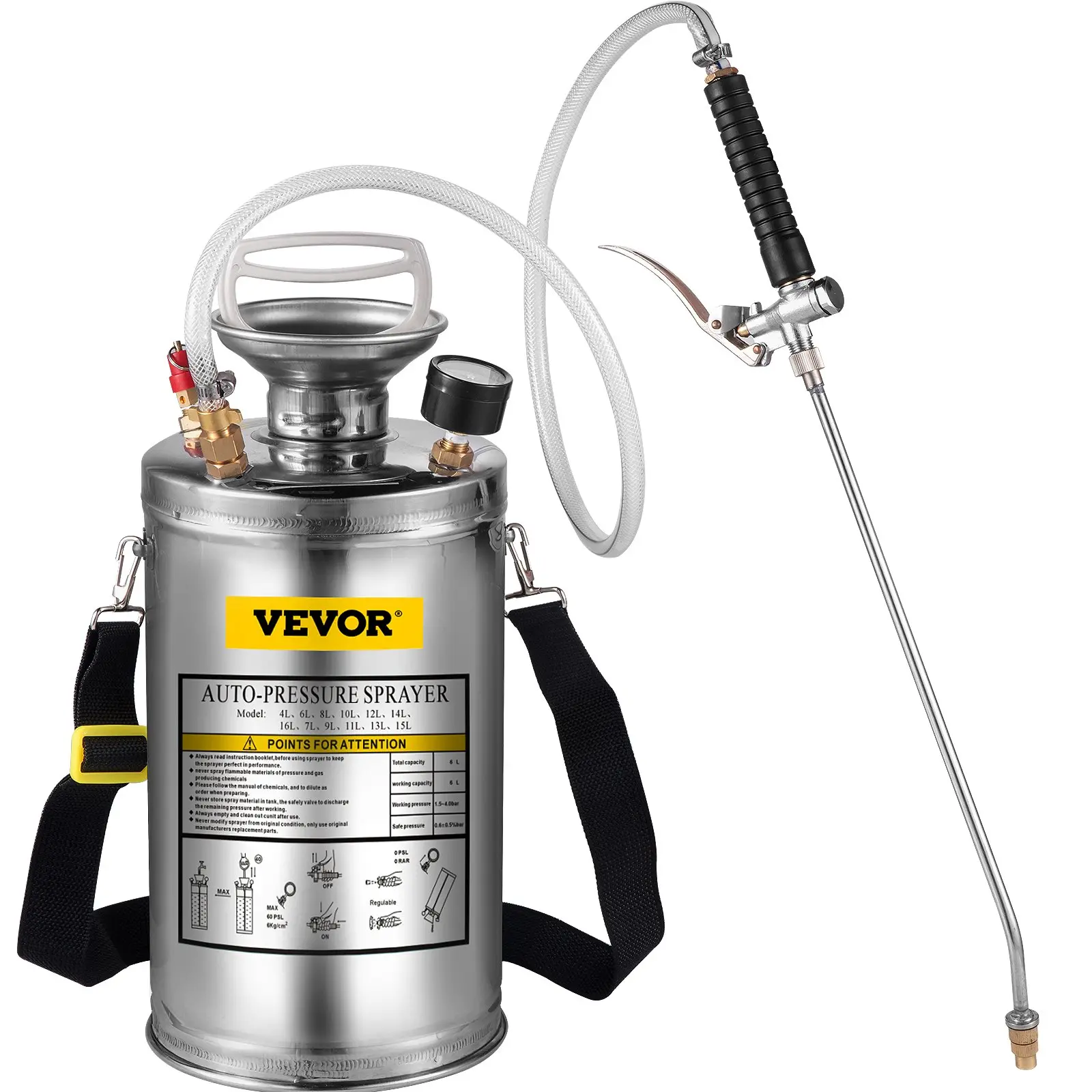Stainless Steel High Pressure Hand Pump SprayerSet with WandHandle & Reinforced HosePressure GaugeSafety Valvey