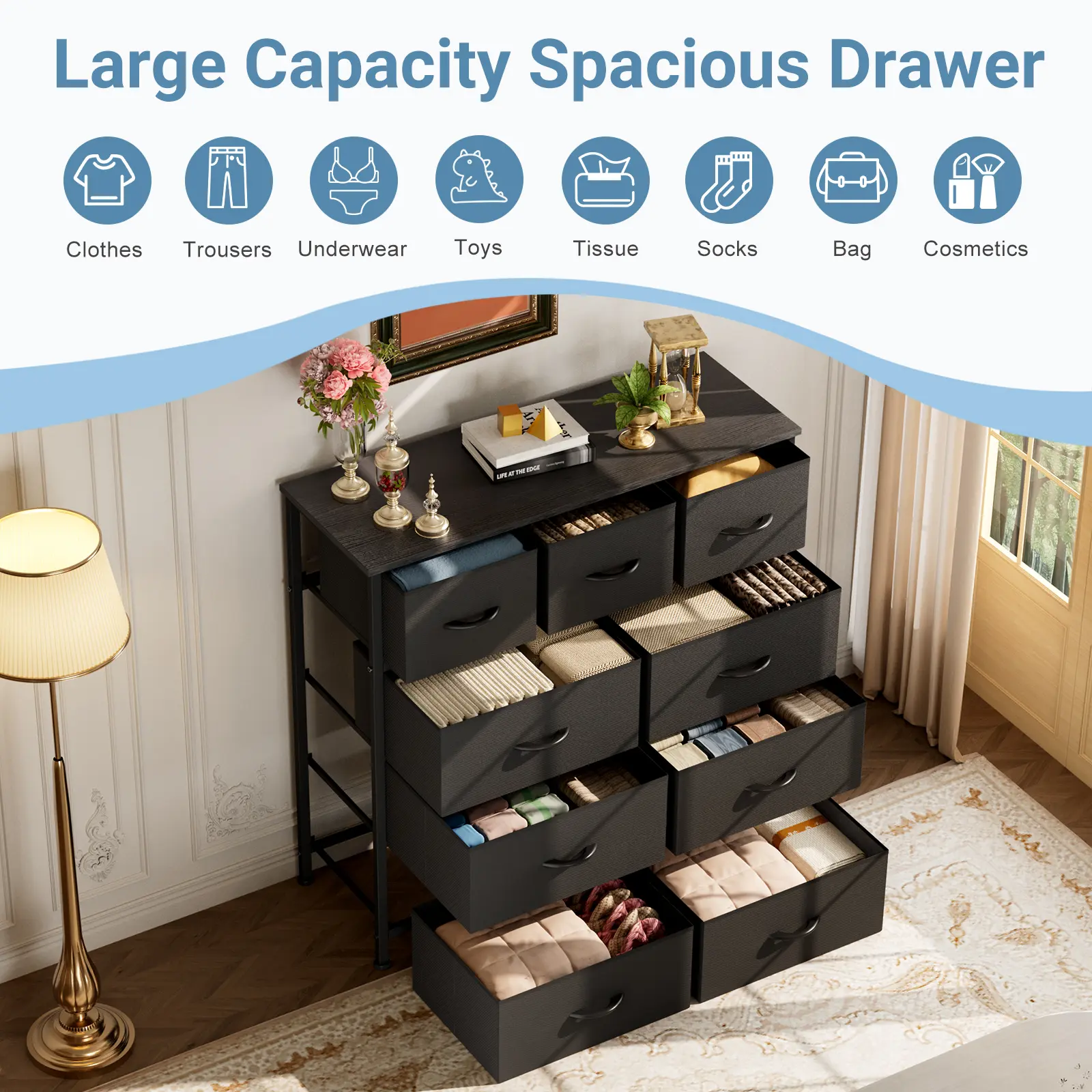 9 Drawers Dresser for Bedroom, Storage Drawers, Fabric Storage Tower Chest of Drawers with Fabric Bins, Sturdy Metal Frame