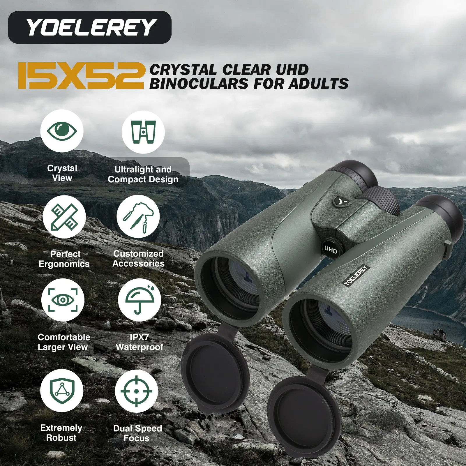 Updated 15x52 UHD High Powered Long Range Binoculars, 23mm Large Eyepieces, BAK4 Prism for Low Light, Camping