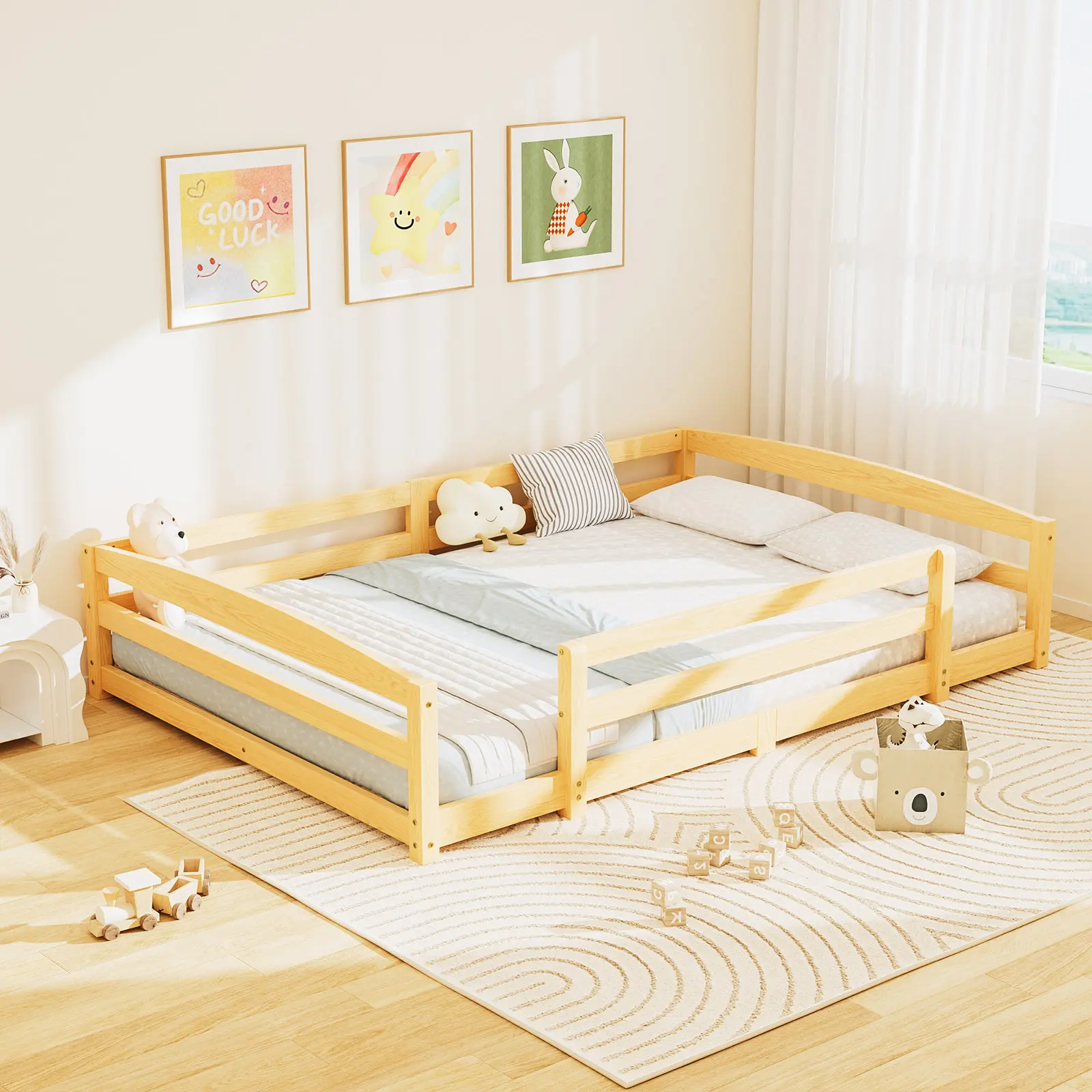 Twin/Full Size Montessori Floor Bed for Kids, Solid Wood Bed Frame with Fence, Door & Safety Guardrails, CPC Certified