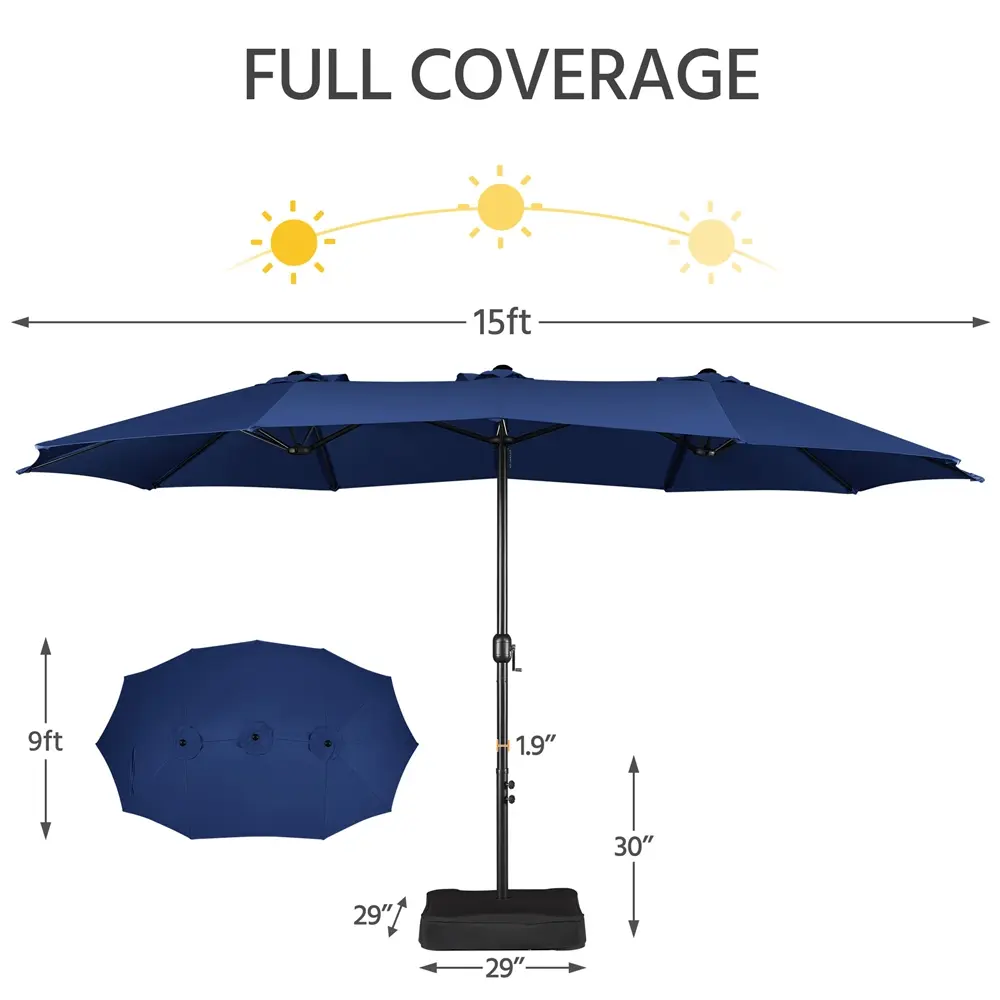 【On Sale】Massive 15/13ft Double-Sided Patio Umbrella | Heavy Duty & 2 Sandbags Included, Easy Crank for Garden Pool and Lawn