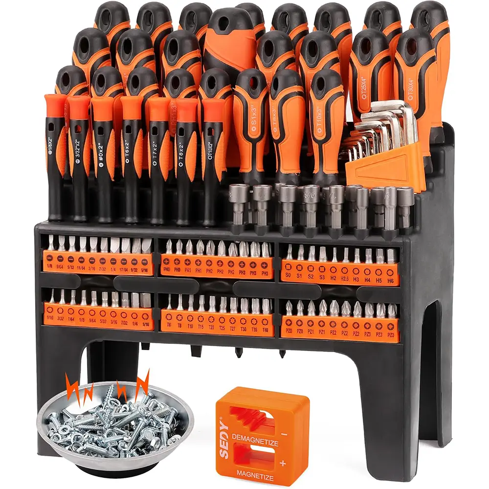 Magnetic Screwdriver Set with Plastic Racking, Includes SAE & Metric Hex Keys, Precision Screwdriver and Magnetizer Demagnetizer