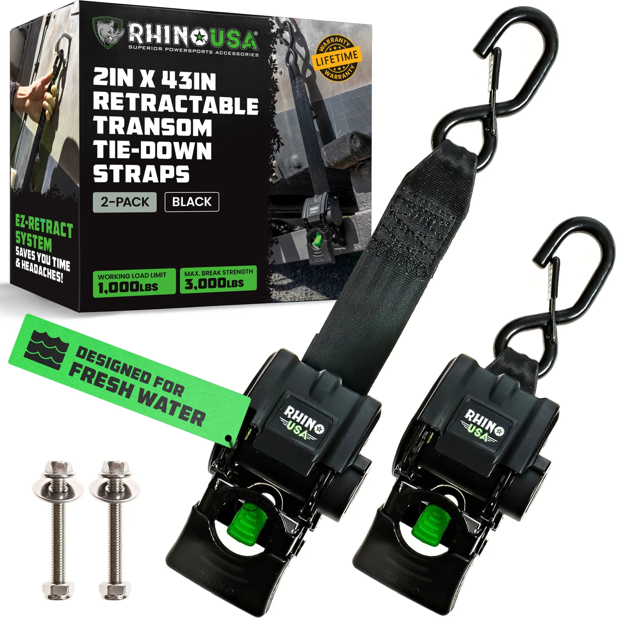 Retractable Boat Trailer Tie Down Straps 2PK – Durable (2in x 43in) Trailer Mount Transom Straps for Boat, Jet Ski – Stainless Steel – Salt Water Compatible