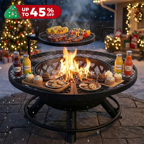 Memorial Day Sales 2-in-1 Wood Burning Fire Pit with Removable Cooking Grill Black Ultra-Durable Iron Grate 360-Degree Rotation Adjustable Height for Heating and BBQ Christmas gift