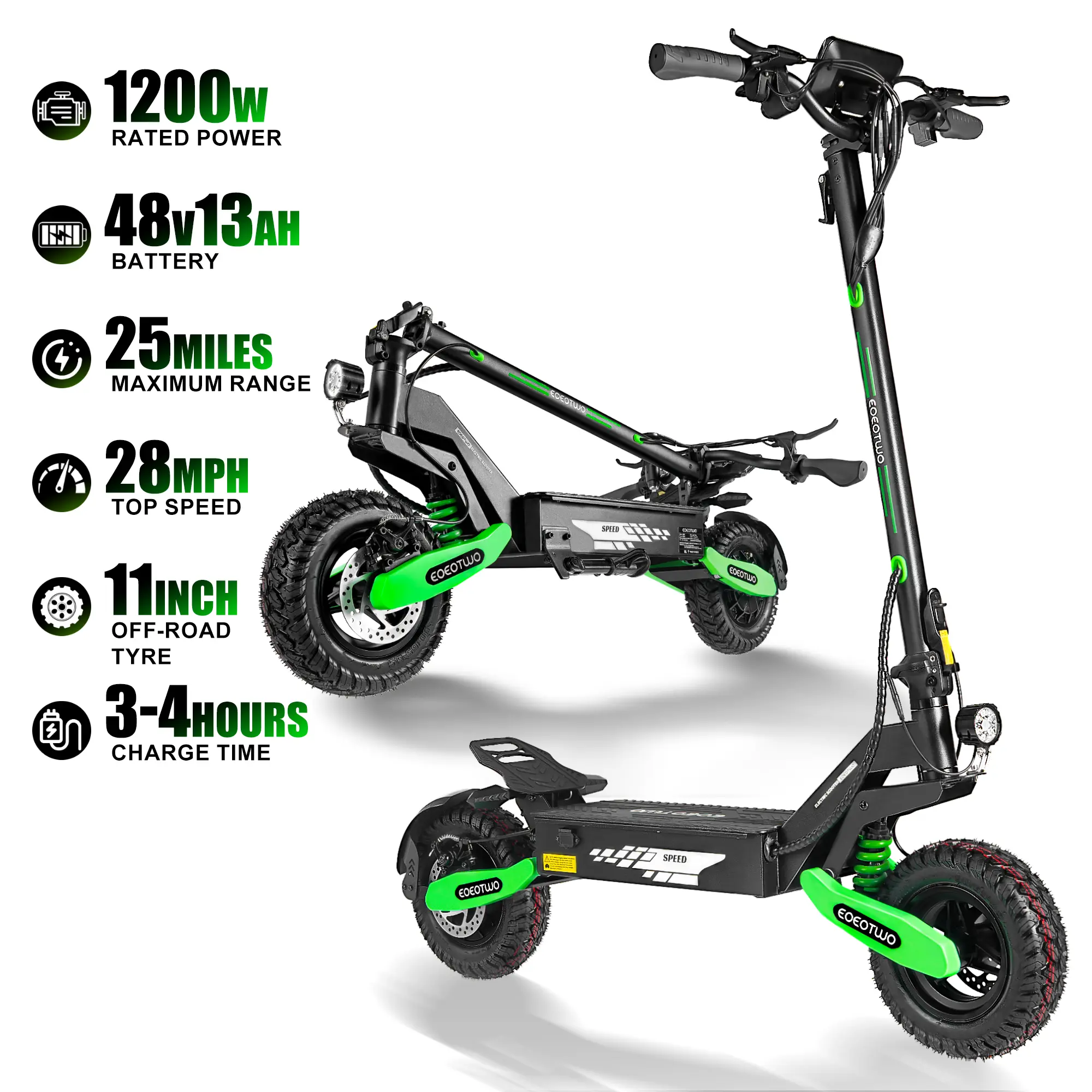 Electric scooter with a range of 40 miles, equipped with a 1200 W motor, top speed of 30 miles per hour, 11-inch all-terrain tires, front and rear shock absorbers, an LED display screen