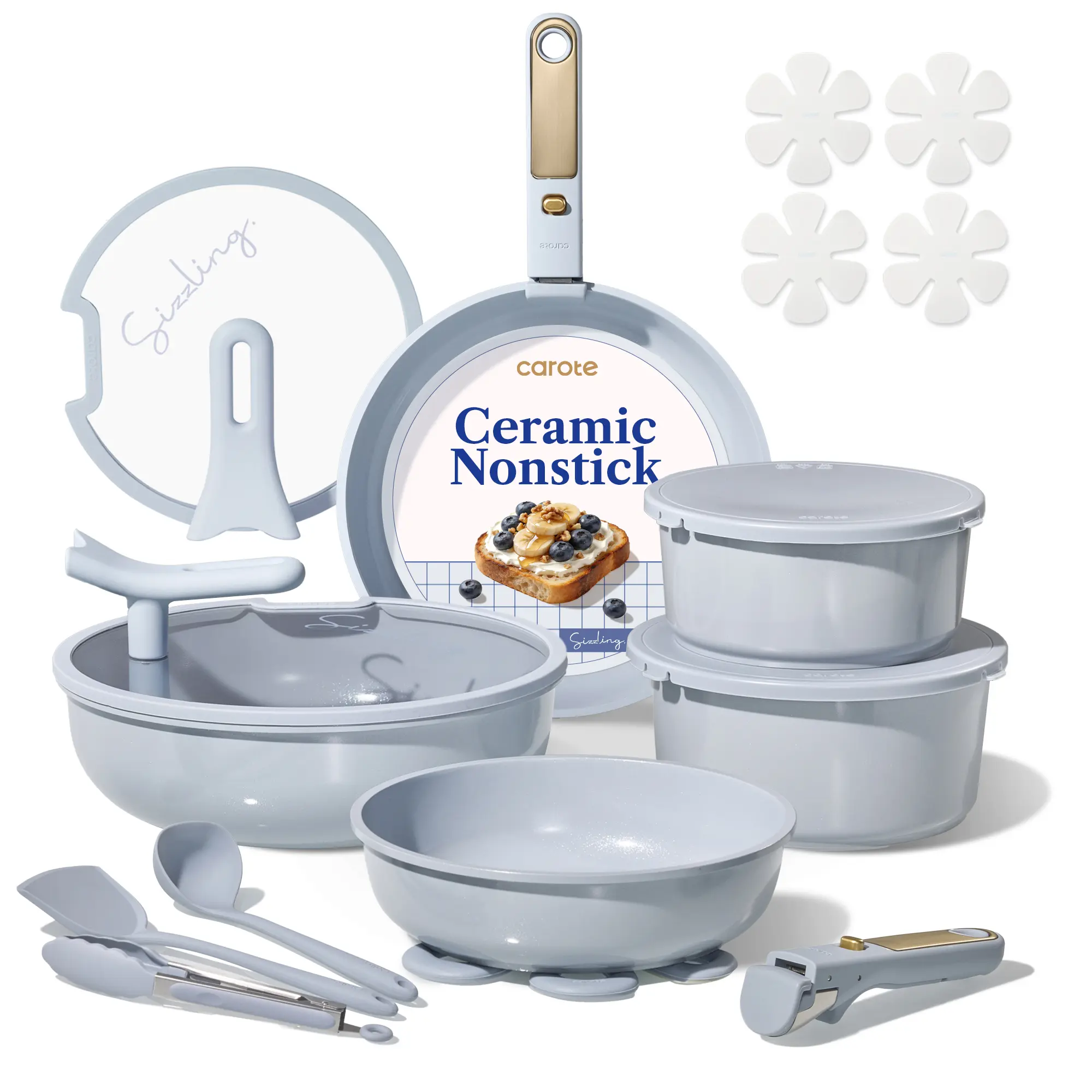 Macaron Color 20Pcs Ceramic Cookware Set Stand-Up Lid with Detachable Handle Set, Non Stick Pots and Pans Set Non Toxic, PFAS Free