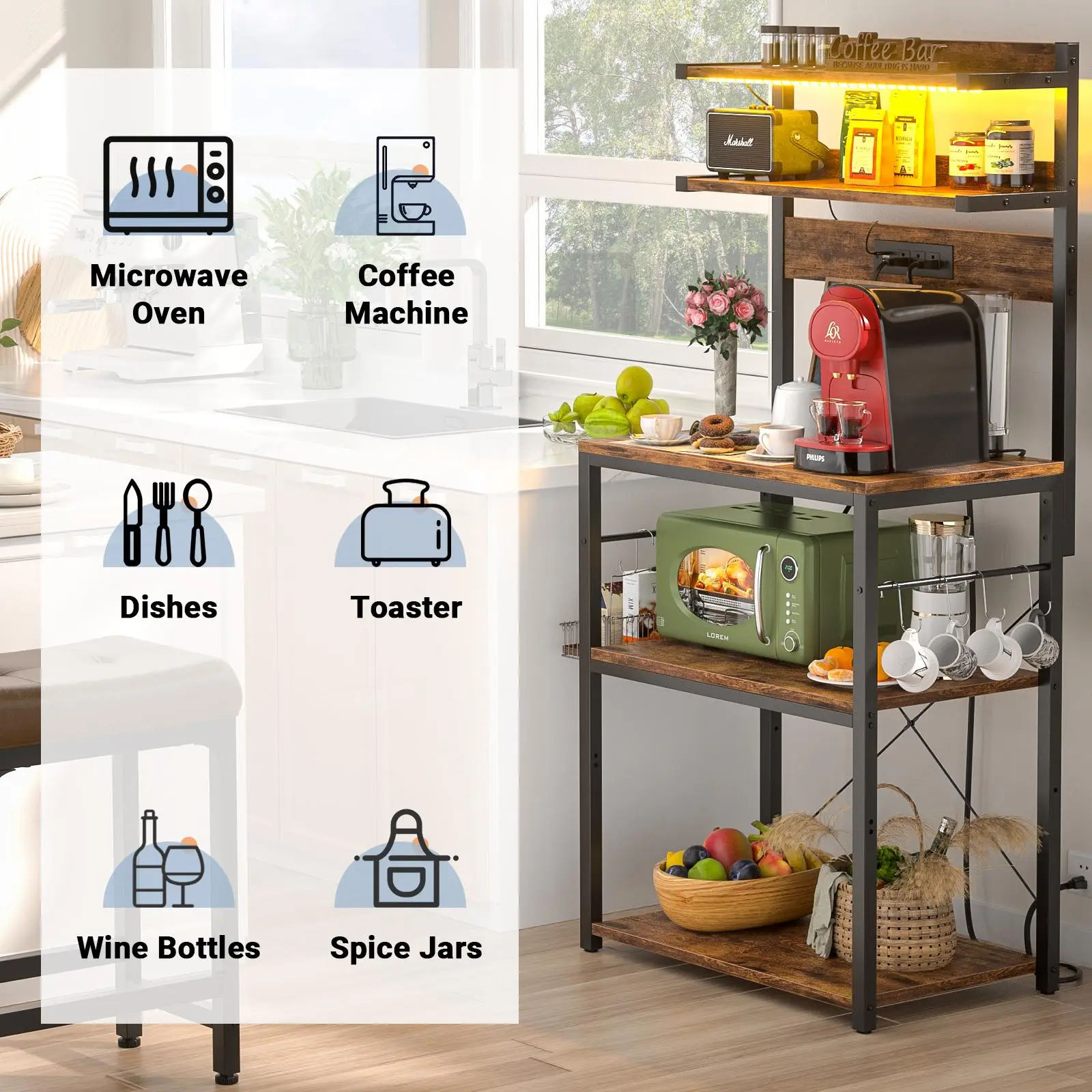 Bakers Rack with Power Outlet – 5-Tier Kitchen Storage Shelf with LED Lights, Microwave Stand & Coffee Bar Station