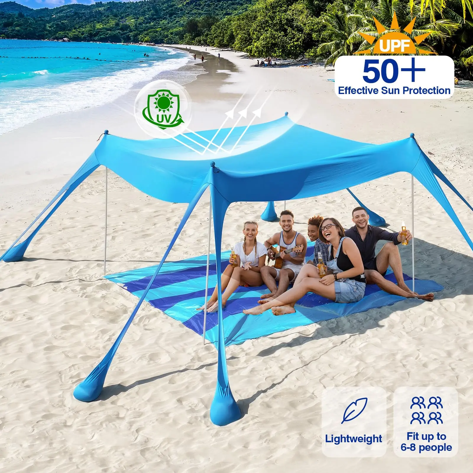 Beach Tent Sun Shelter, UPF 50+ Sun Shade Beach Canopy with 8 Sandbags & 4 Aluminum Poles, Large Portable Windproof Pop Up Beach Tent for Family Camping, Fishing, Backyard Picnic