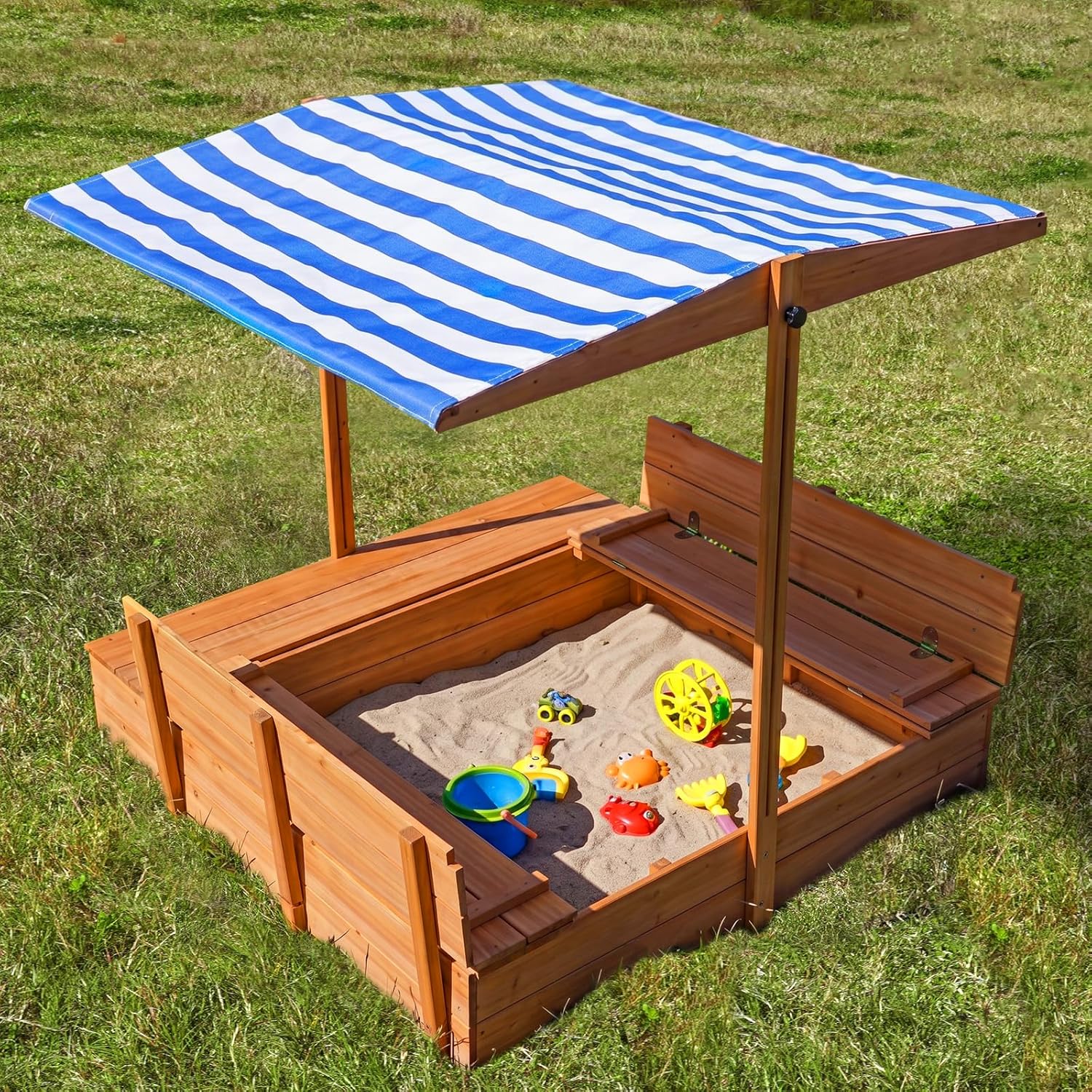 Kids' Outdoor Wooden Sandbox with Id,Sand Box with Toy Storage Box,Kids Play Equipment Sand Protection Bottom Liner Included 47X47in.