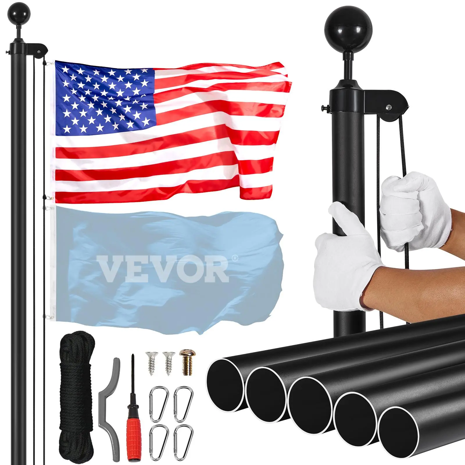 25FT Sectional Flag pole Kit,  , Heavy Duty Aluminum Alloy in Ground Flag poles for Outside, 3 Display Modes Flagpole with 3x5 American Flag, Professional Accessories, Black Banners Lightweight