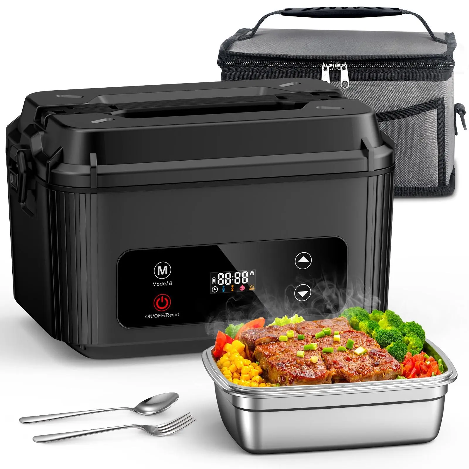 Self-Heating Electric Lunch Box, 100W Faster Heated Cordless Lunch Box for Adults with Automatic Heating, 40 fl oz 304 Stainless Steel Food Warmer with Timer for Hot Meals Anywhere