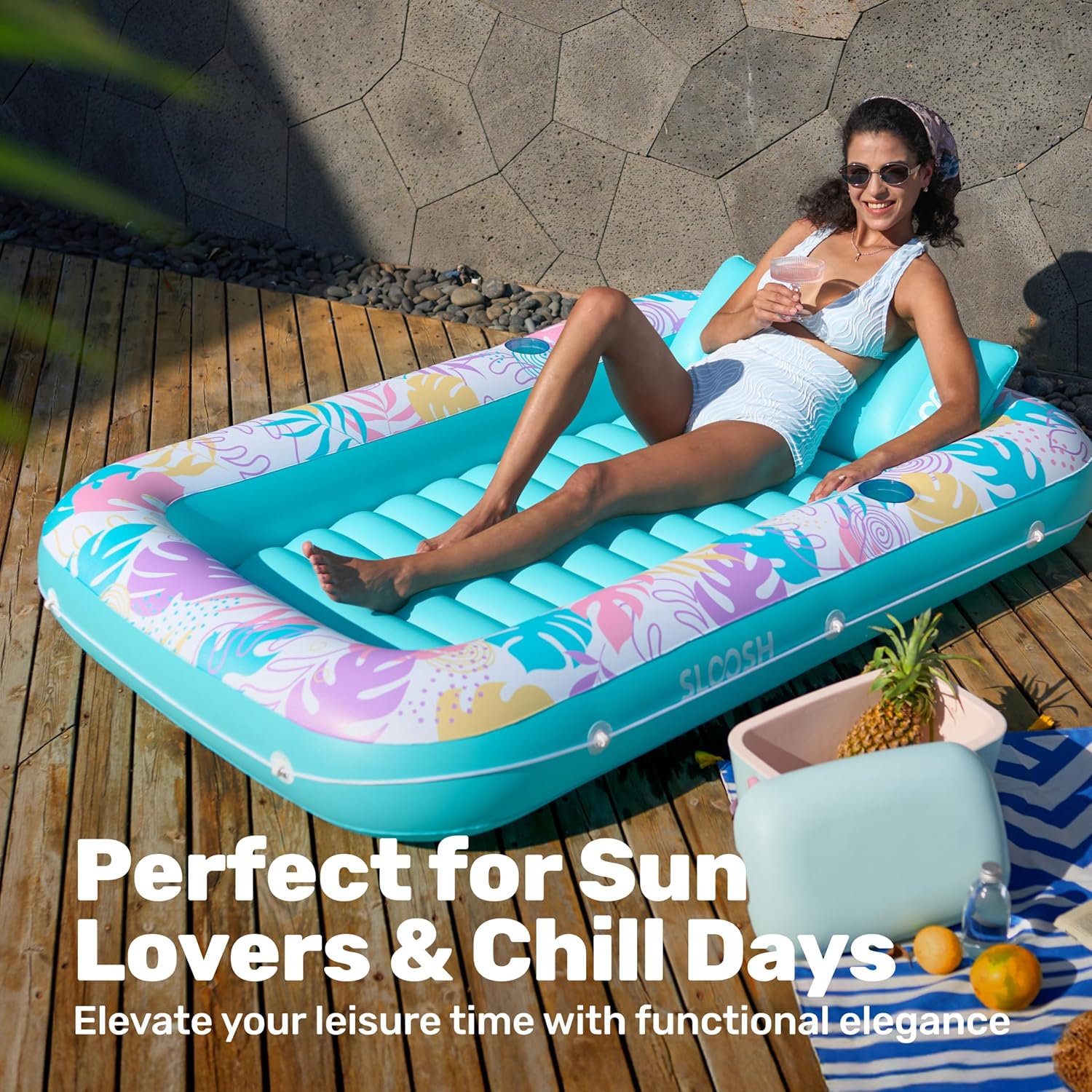 Inflatable Tanning Pool Lounger Float, 70" x 46" Pool Floats Adult with Pillow, 4 in 1 Suntan Tub Raft Floatie,Sunbathing Bed Lounge for Water Blow Up Ball Pit Party Gifts