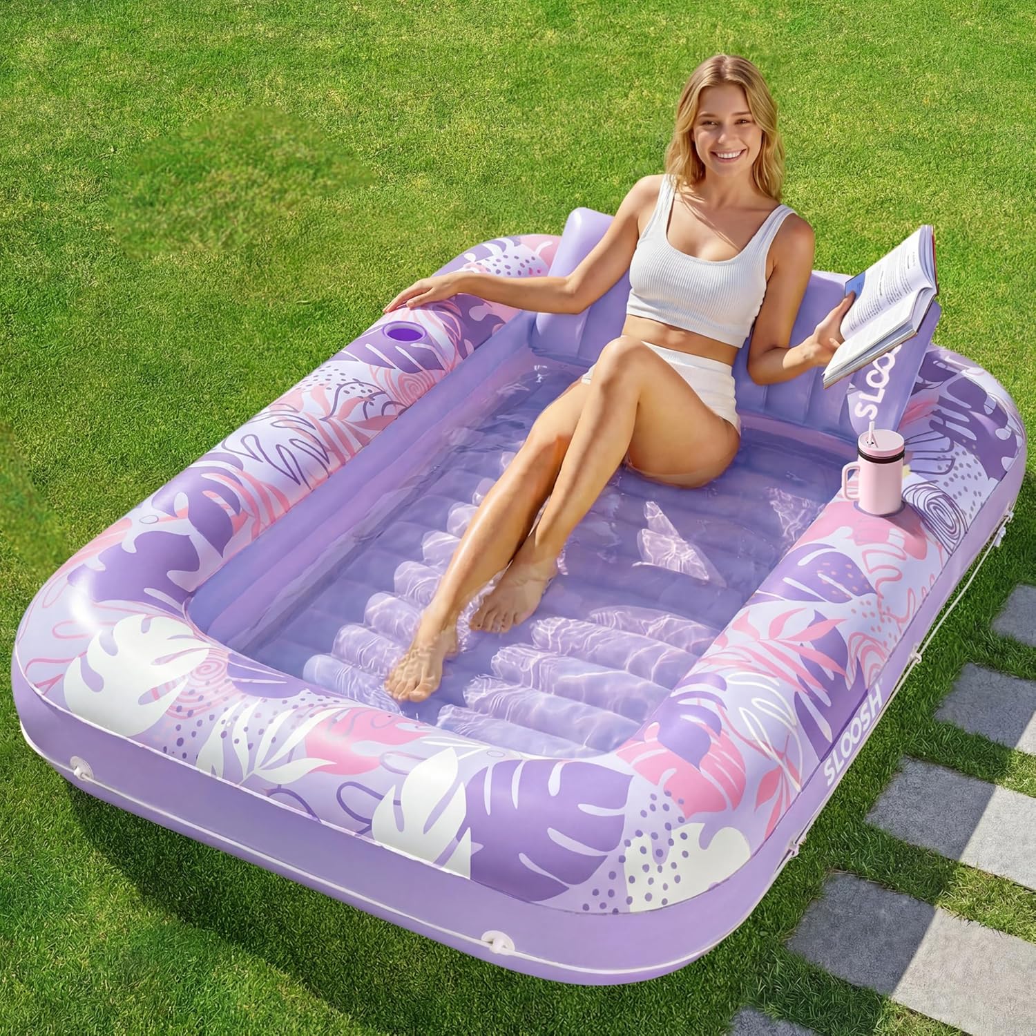 Inflatable Tanning Pool Lounger Float, 70" x 46" Pool Floats Adult with Pillow, 4 in 1 Suntan Tub Raft Floatie,Sunbathing Bed Lounge for Water Blow Up Ball Pit Party Gifts