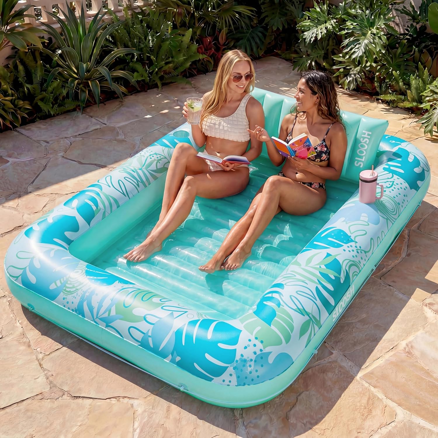 Inflatable Tanning Pool Lounger Float, 70" x 46" Pool Floats Adult with Pillow, 4 in 1 Suntan Tub Raft Floatie,Sunbathing Bed Lounge for Water Blow Up Ball Pit Party Gifts