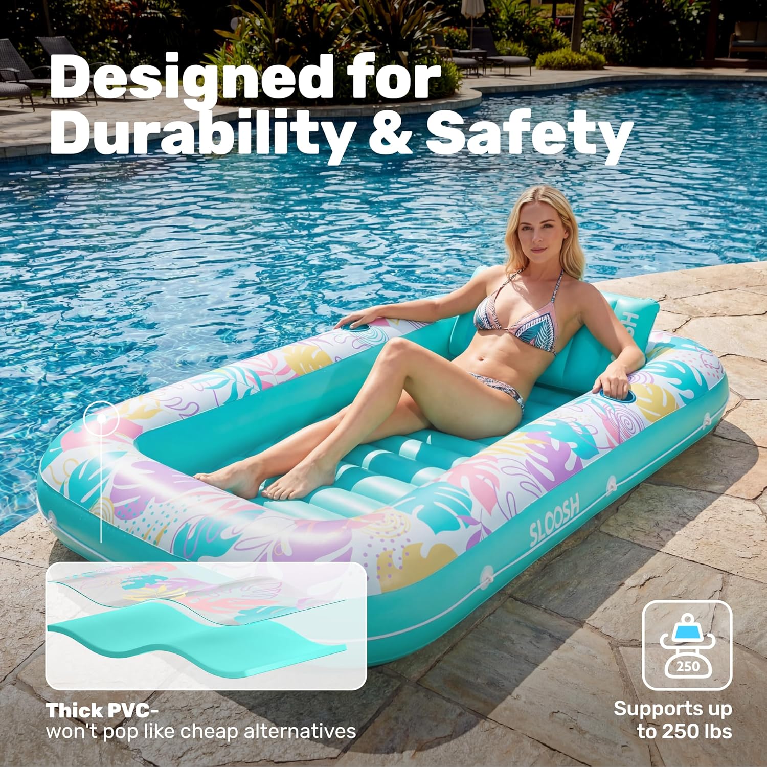 Inflatable Tanning Pool Lounger Float, 70" x 46" Pool Floats Adult with Pillow, 4 in 1 Suntan Tub Raft Floatie,Sunbathing Bed Lounge for Water Blow Up Ball Pit Party Gifts