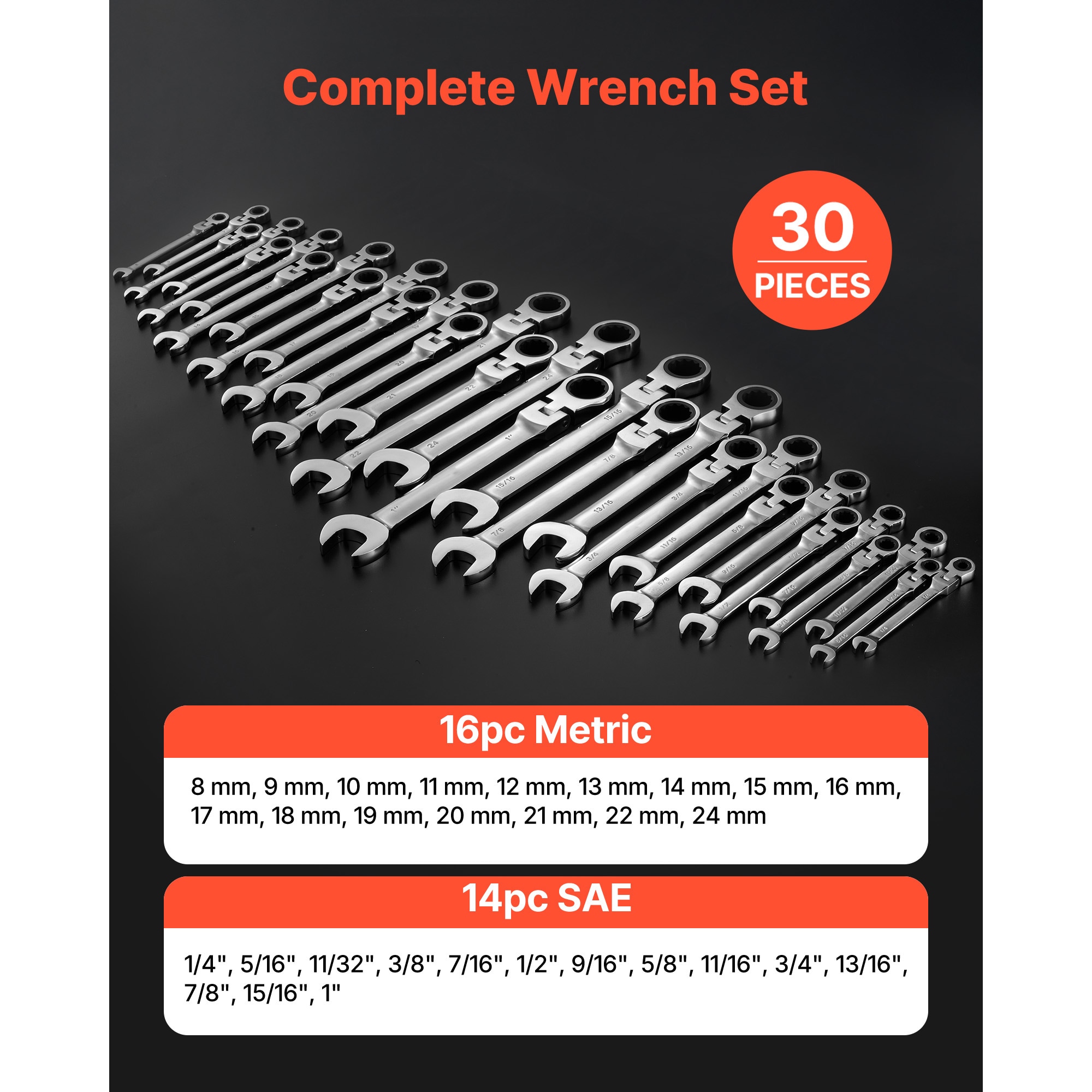 30-Piece Multifunctional Flex-Head Ratcheting Wrench Set
