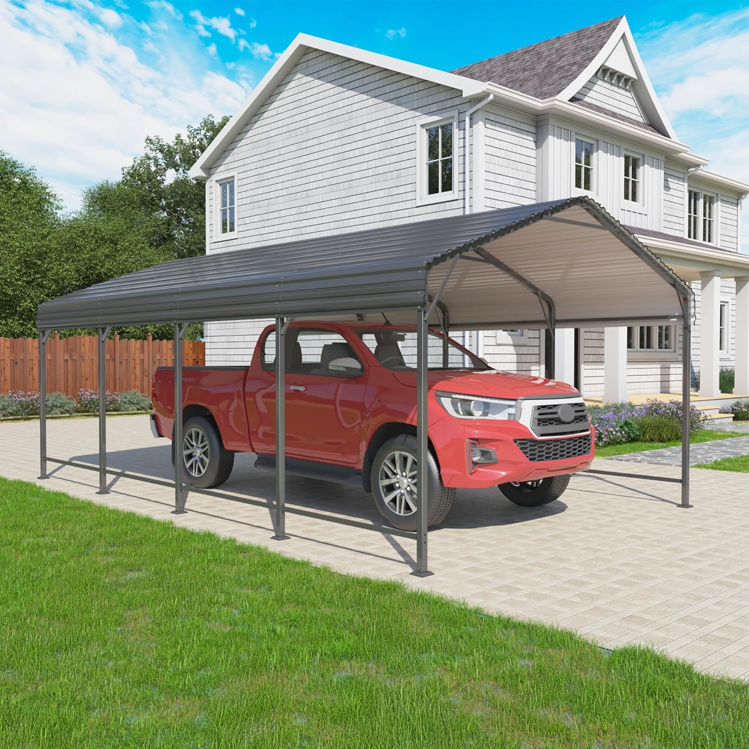Heavy Duty Car Port Canopy with Reinforced Base and Galvanized Steel Roof & Frame, 2 Car Garage Shelter for Car, Boats and Trucks