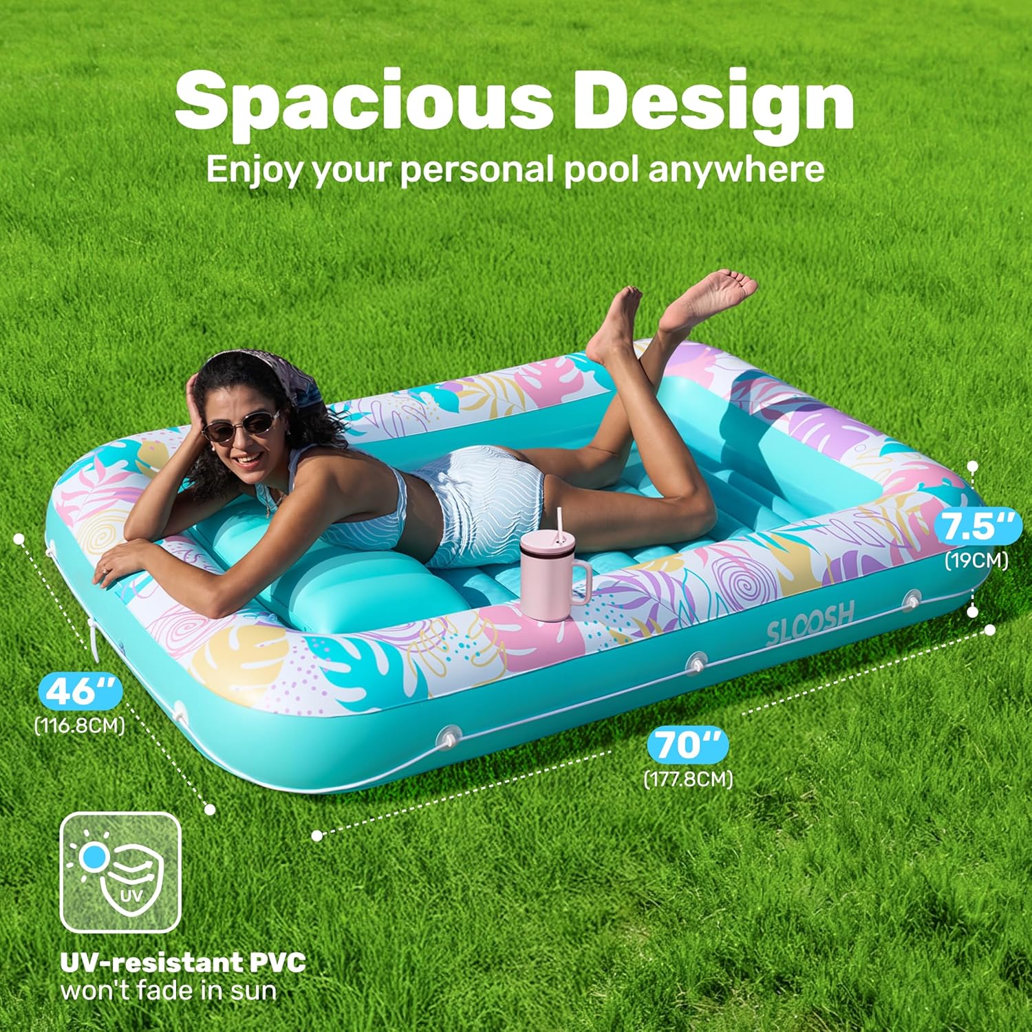 Inflatable Tanning Pool Lounger Float, 70" x 46" Pool Floats Adult with Pillow, 4 in 1 Suntan Tub Raft Floatie,Sunbathing Bed Lounge for Water Blow Up Ball Pit Party Gifts