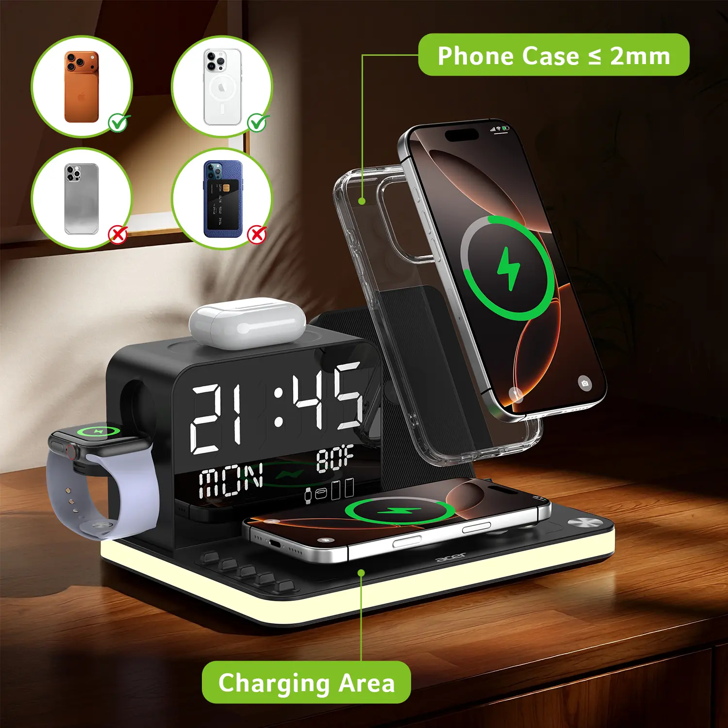 7-in-1 Wireless Charging Station – Fast Charger with LED Night Light, Bluetooth Clock & Temperature Display for iPhone, Apple Watch & AirPods