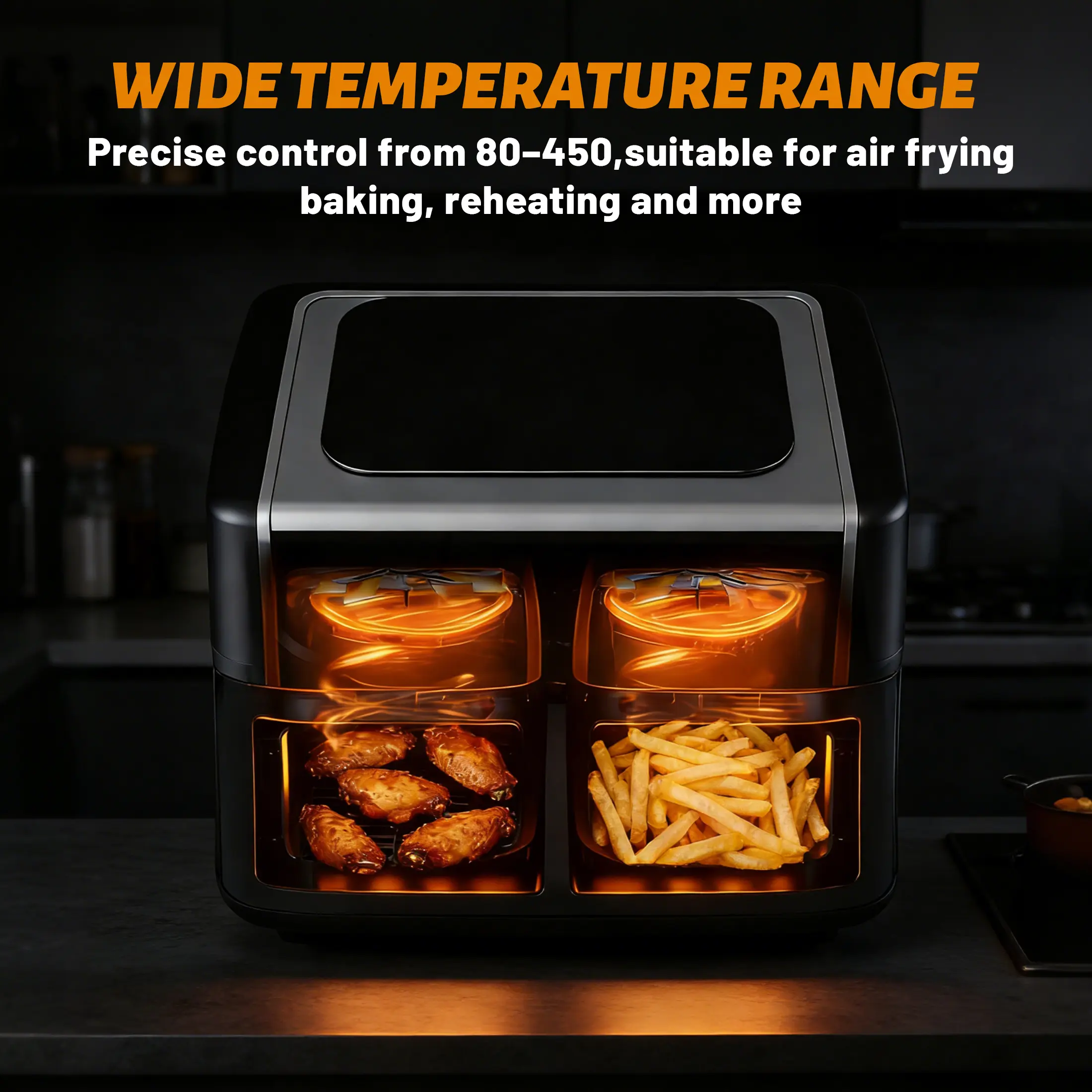 9QT Dual Basket Air Fryer, Oven 10-in-1，2 Independent Nonstick Baskets with Easy View Windows, Sync Finish & Hi-Fry Functions,Wide Temperature Range (200°F – 450°F)， Digital Double Air Fryer
