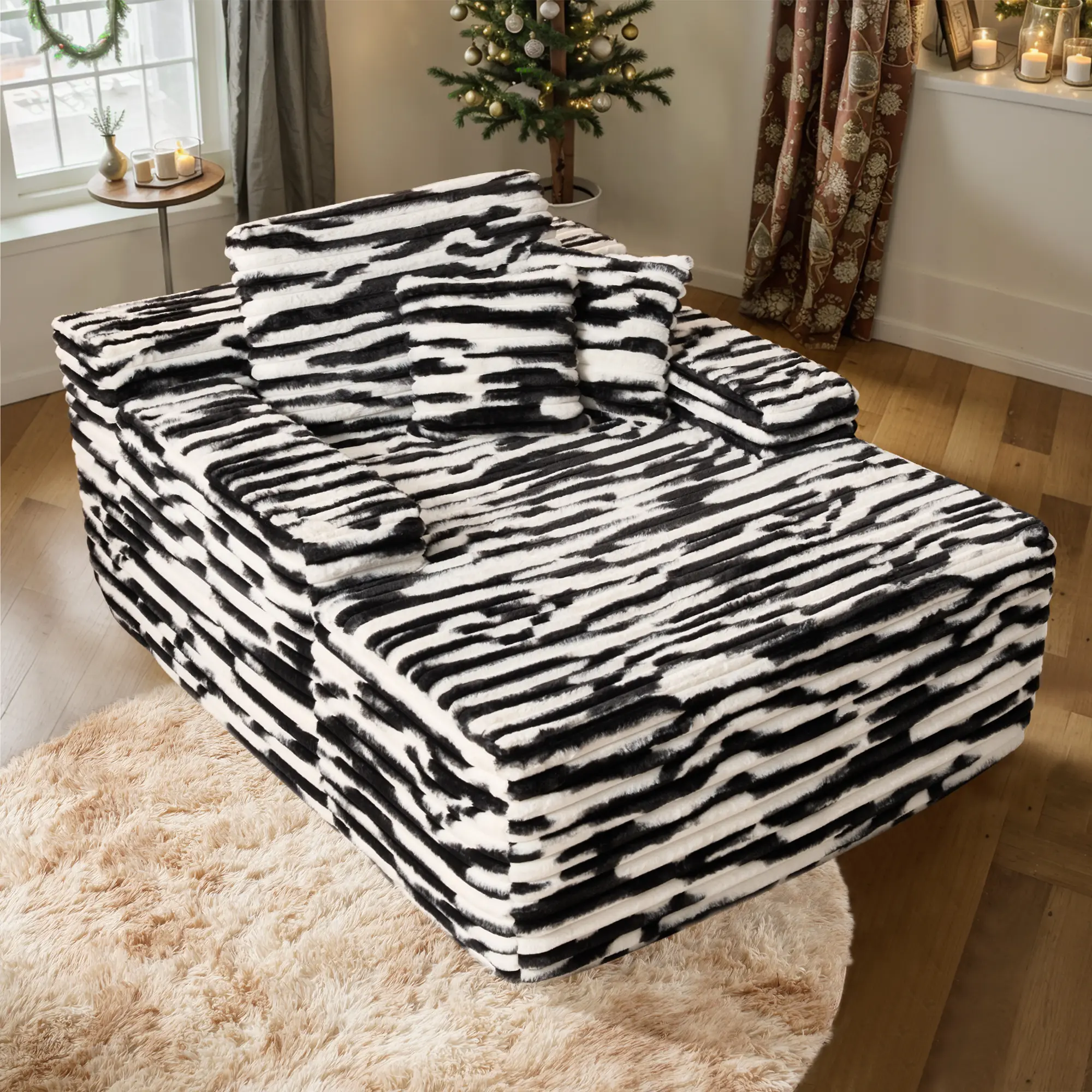 49'' Boneless Chaise Lounge with Cup Holders, Upholstered Sofa Bed with Throw Pillows and Armrests, Indoor Sleeper Chair- Luxurious Plush Corduroy Chair Bed for Living Room - No Assembly Required