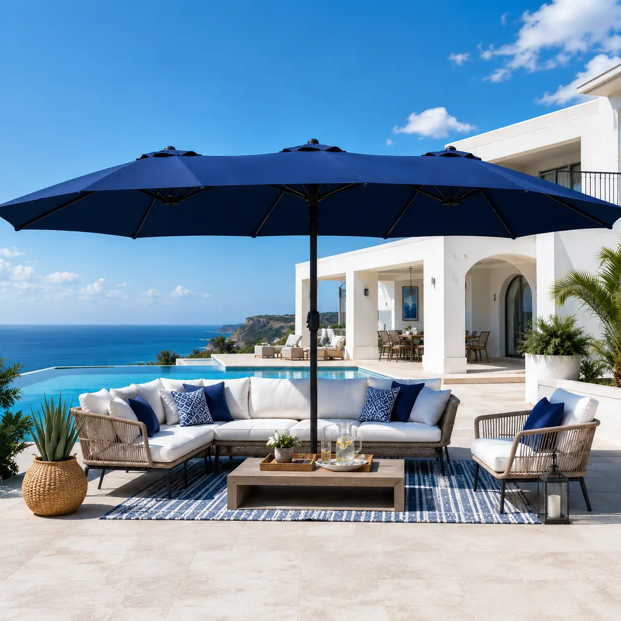 15FT Double-Sided Patio Umbrella – Large Outdoor Shade with 36 LED Lights, Crank System & Base Included for Patio, Pool & Backyard