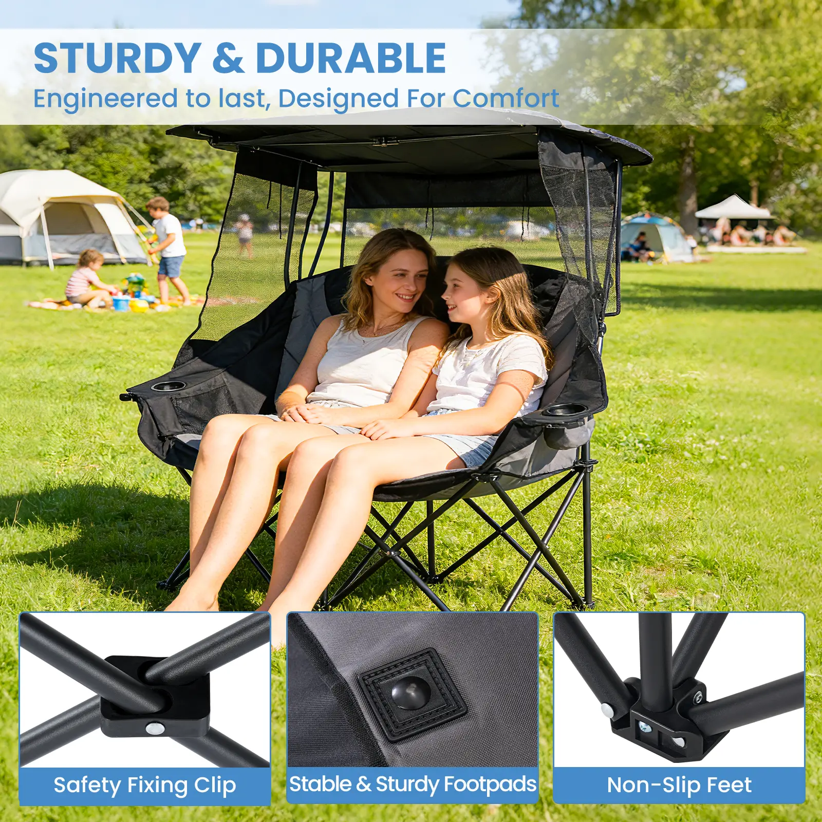#Summervibes ABORON XXL Double Camping Chair with Shade Canopy, Fully Padded Folding Camping Loveseat , Oversized Camping Bench Lawn Chairs Patio Lounge Chairs for Adults