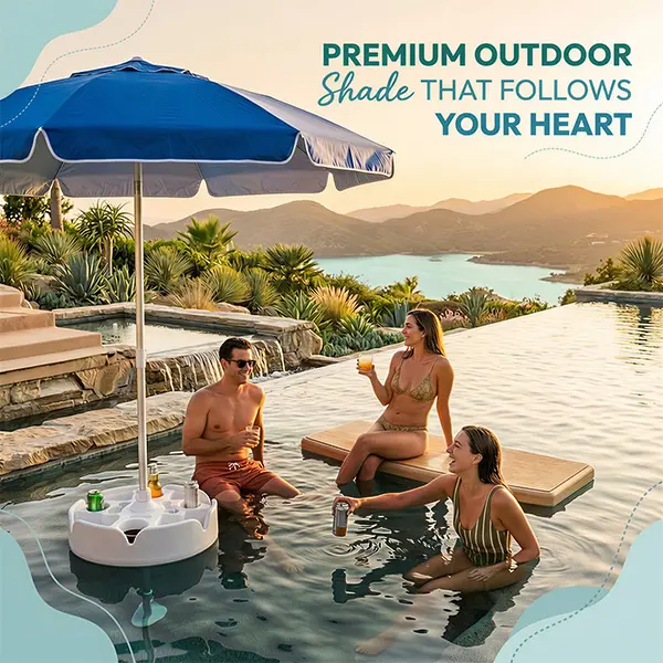 Floating Pool Umbrella with Bar and Base, Portable Pool Bar Table Umbrellas with Cup Holder & Phone Stand, Floating Poolside Shade, Included Easy Carry Bag, for Inside of Pool, Swimming Area, Lake House, Beach, #Summervibes