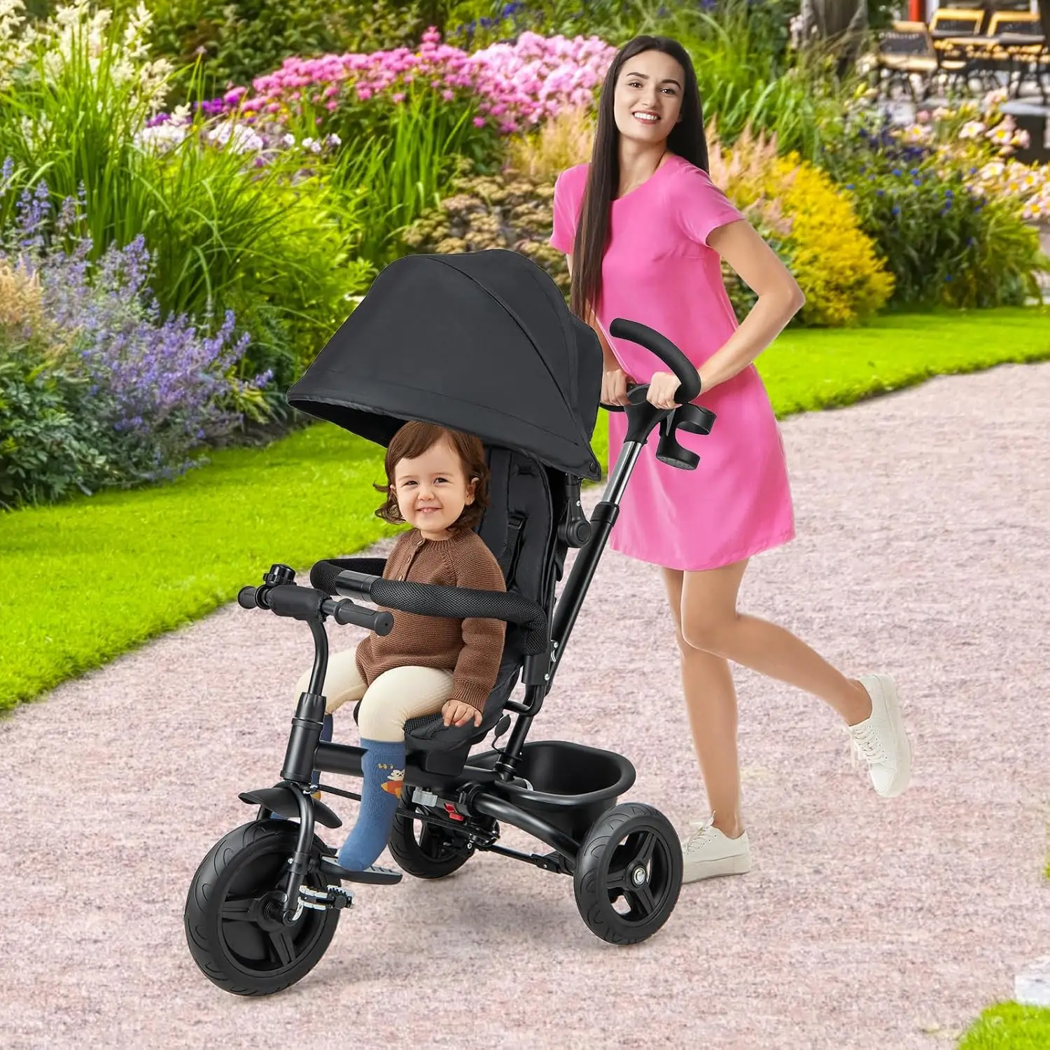 Toddler Tricycle Pushchair - Strollers for Kids Outdoor Play, with Removable Push Handle, Reversible Seat, EVA Wheels, Adjustable Canopy, Cup Holder & Storage