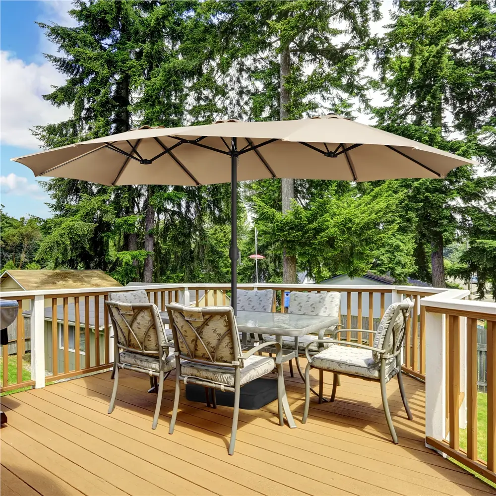 【On Sale】Massive 15/13ft Double-Sided Patio Umbrella | Heavy Duty & 2 Sandbags Included, Easy Crank for Garden Pool and Lawn