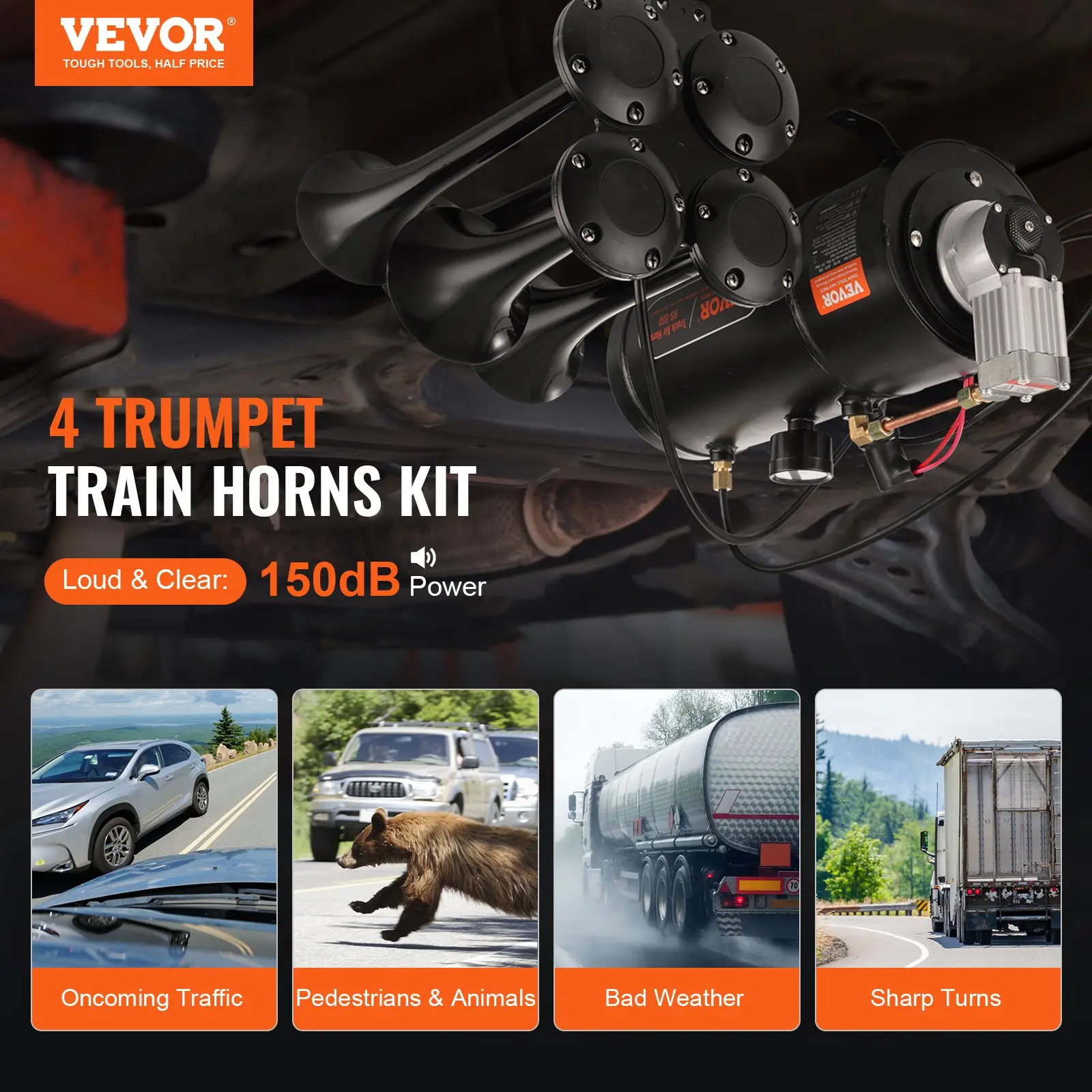 4-Trumpet Train Horn Kit – 150dB, 12V Air Compressor with 3L Tank, Fits Cars, Trucks, Vans & Boats